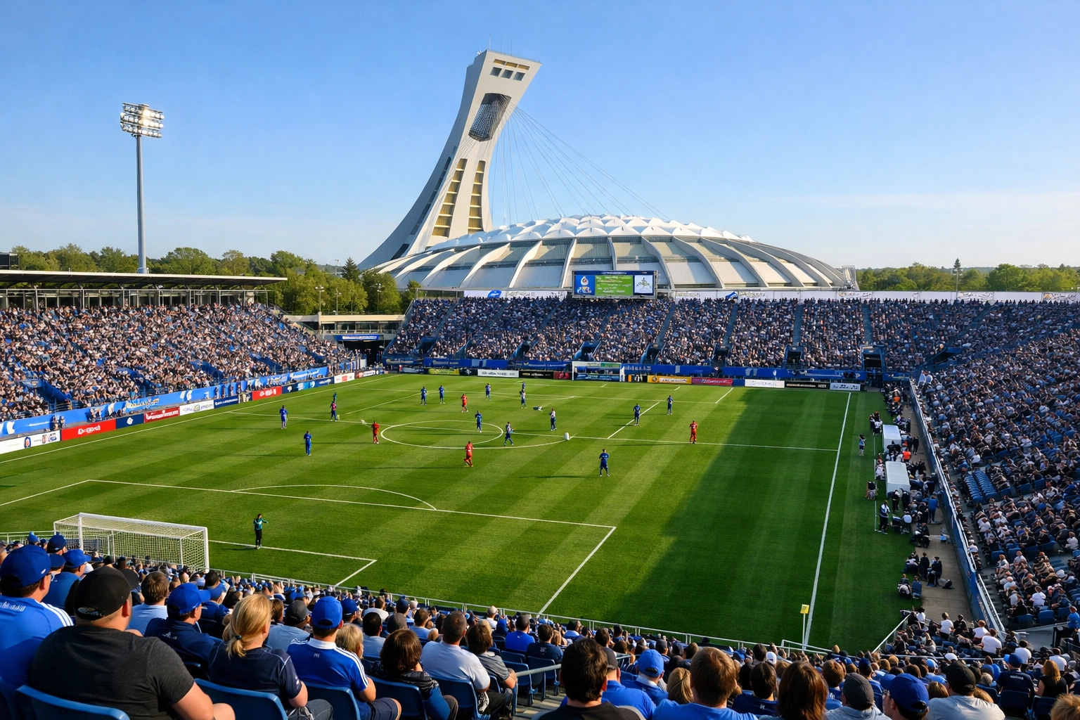 Wide-angle view of the Stade Saputo soccer field and Olympic Tower during a sunny CF Montreal match.