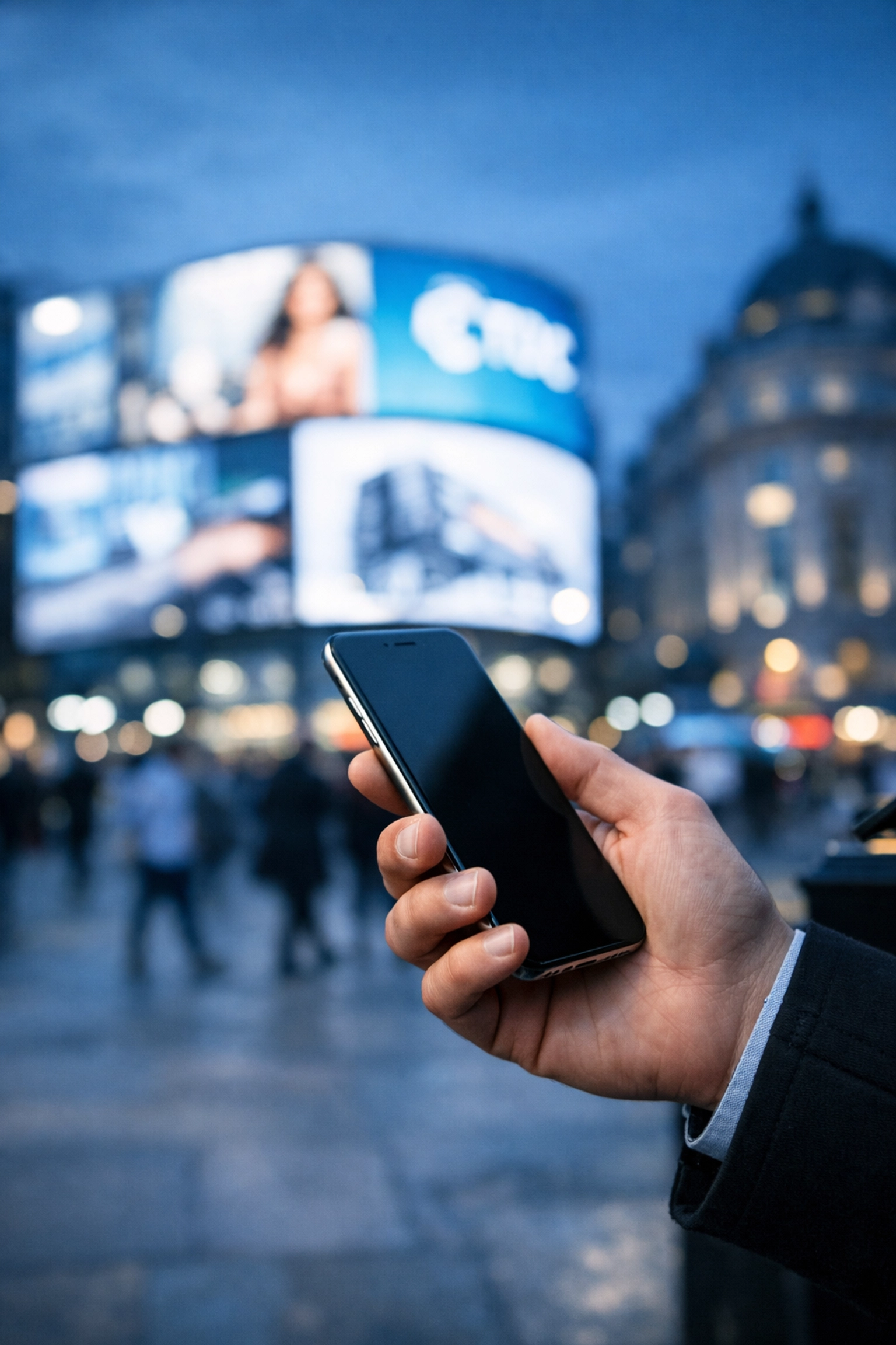 Multi-channel marketing showing a smartphone user in front of a large digital billboard in a city square.