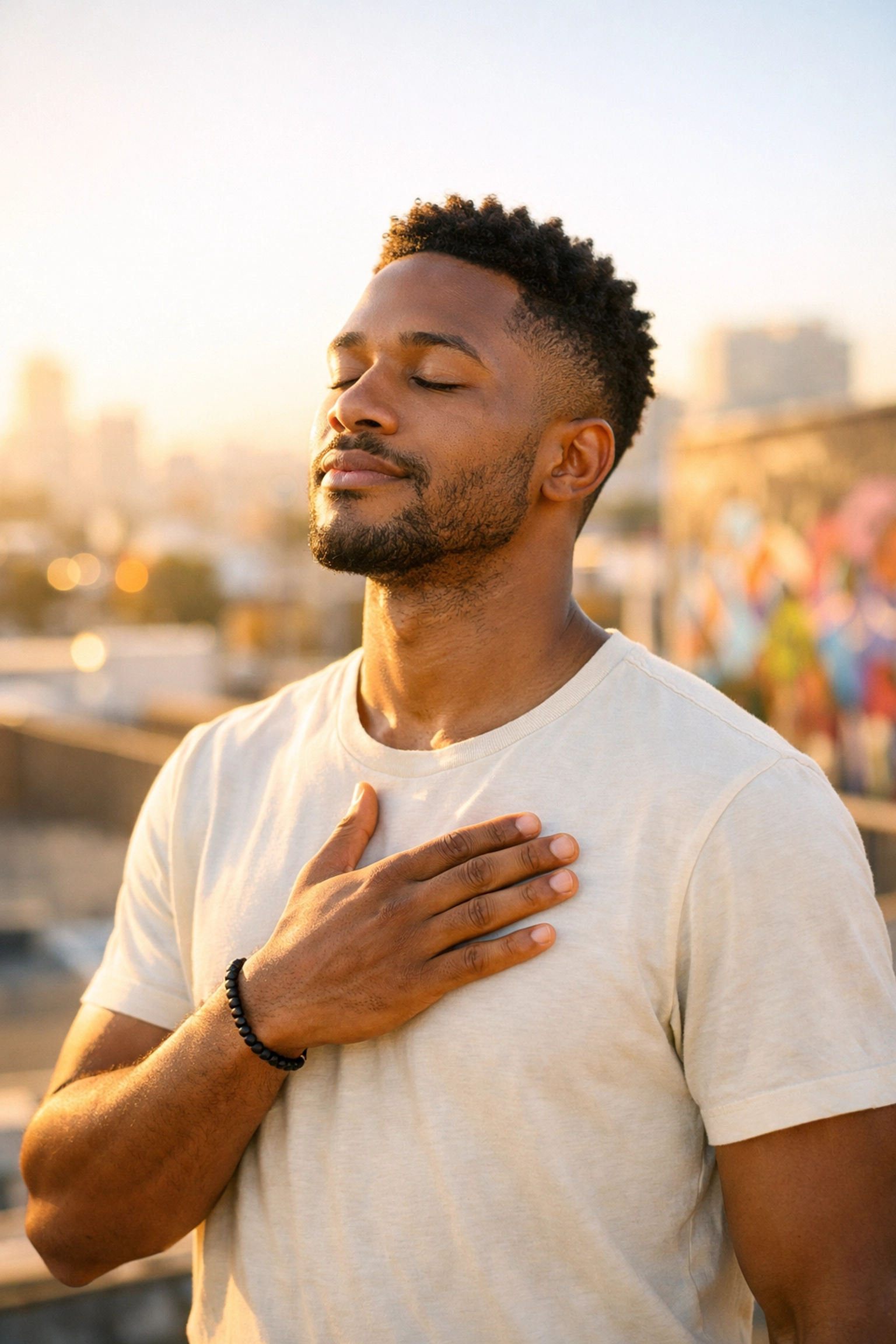 African American man practicing mindful breathing on a rooftop to identify internal stress alerts.