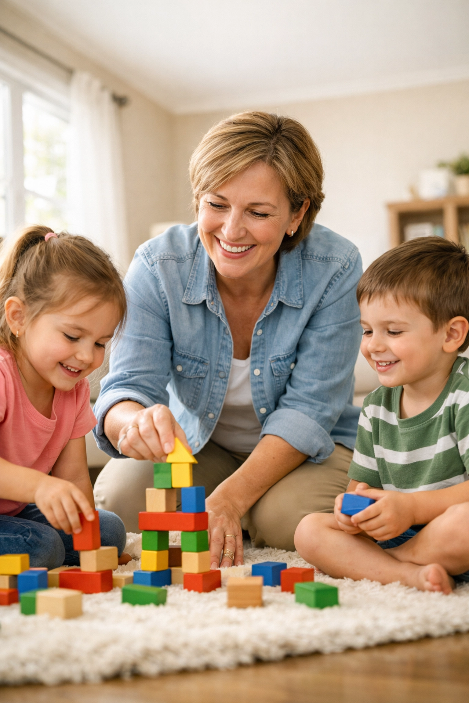 Parent playing comfortably with children on floor after sciatica recovery