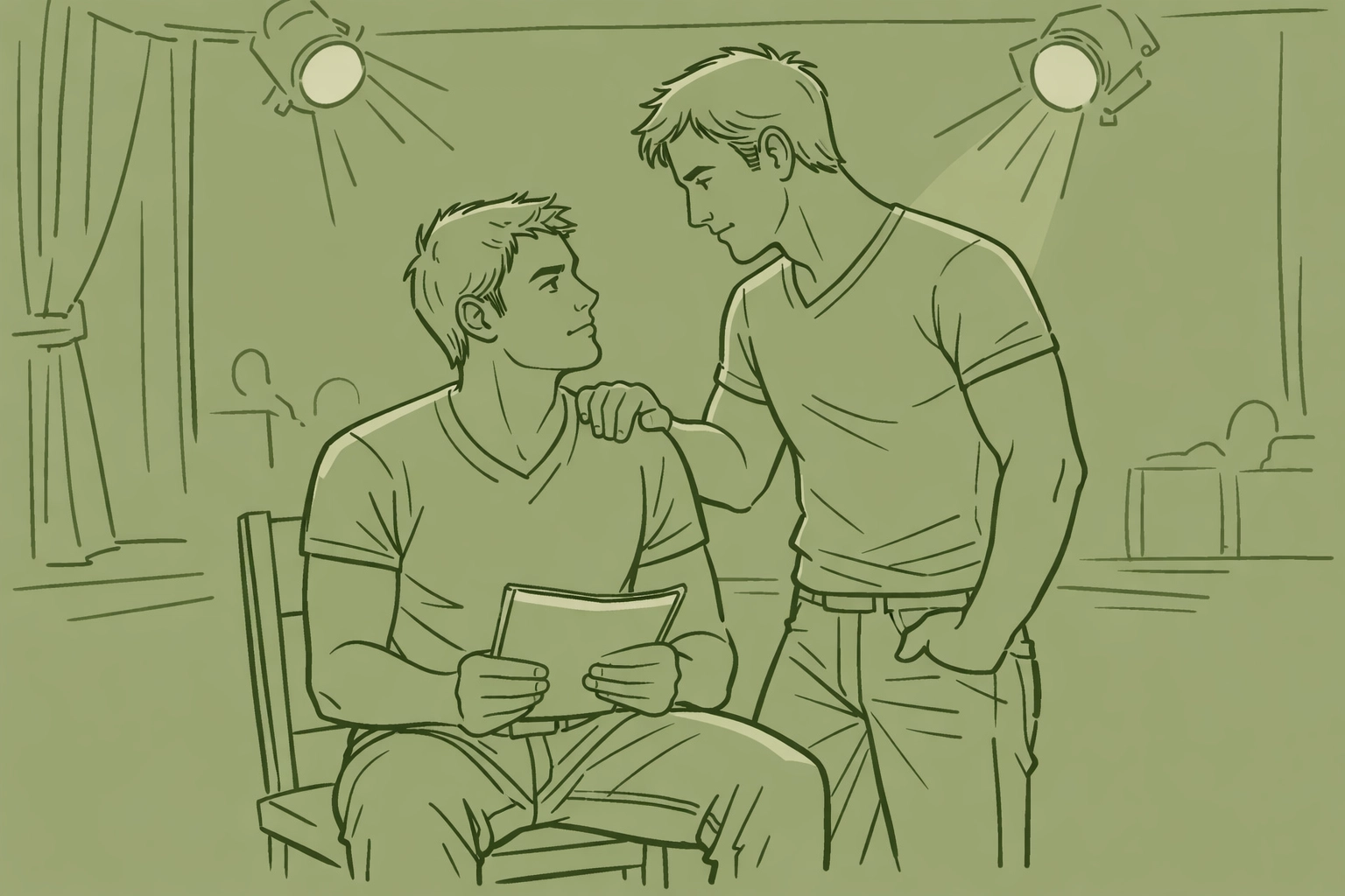 Two male actors in intimate rehearsal moment on stage exploring MM romance through method acting