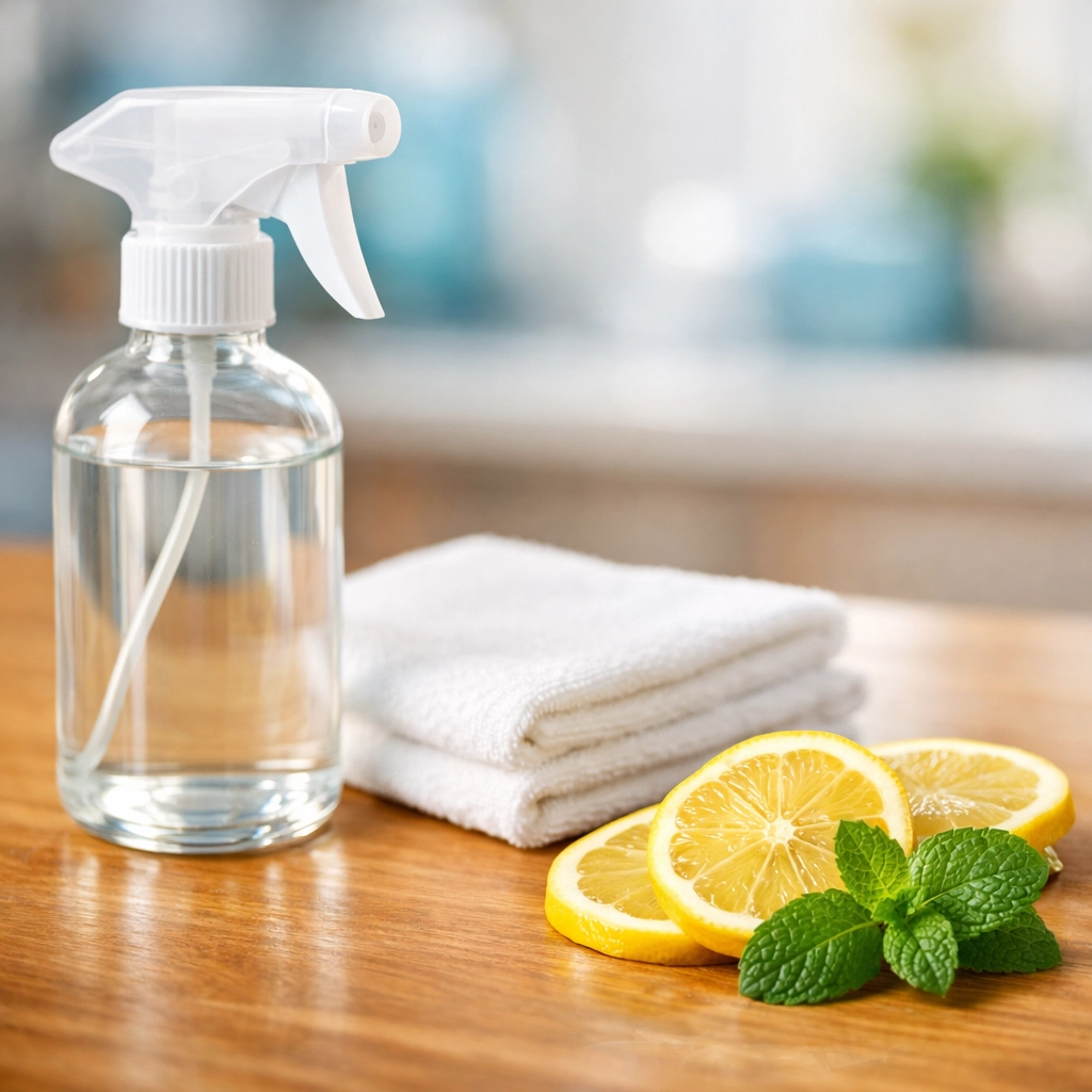 Eco-friendly house cleaning supplies with fresh lemons and microfiber cloths for apartment care.