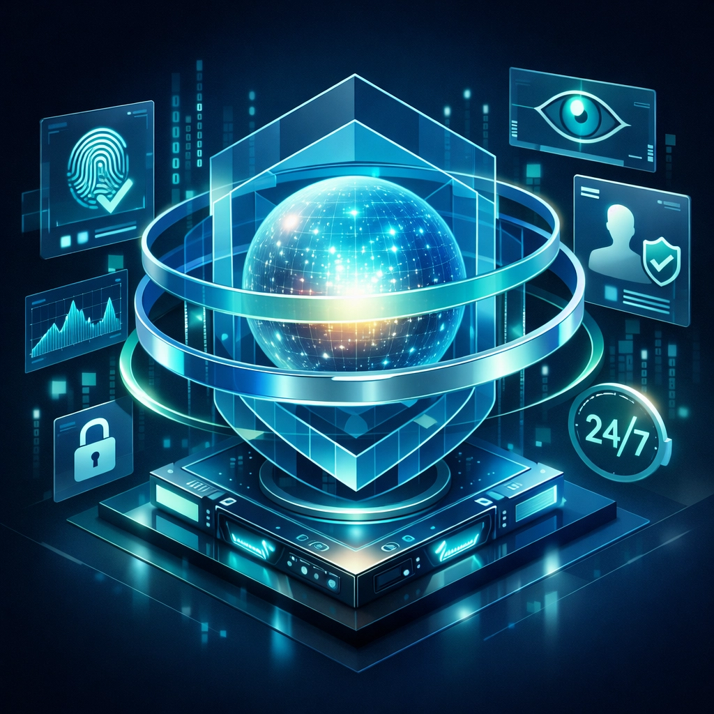 Secure data core protected by identity verification shields and 24/7 security monitoring