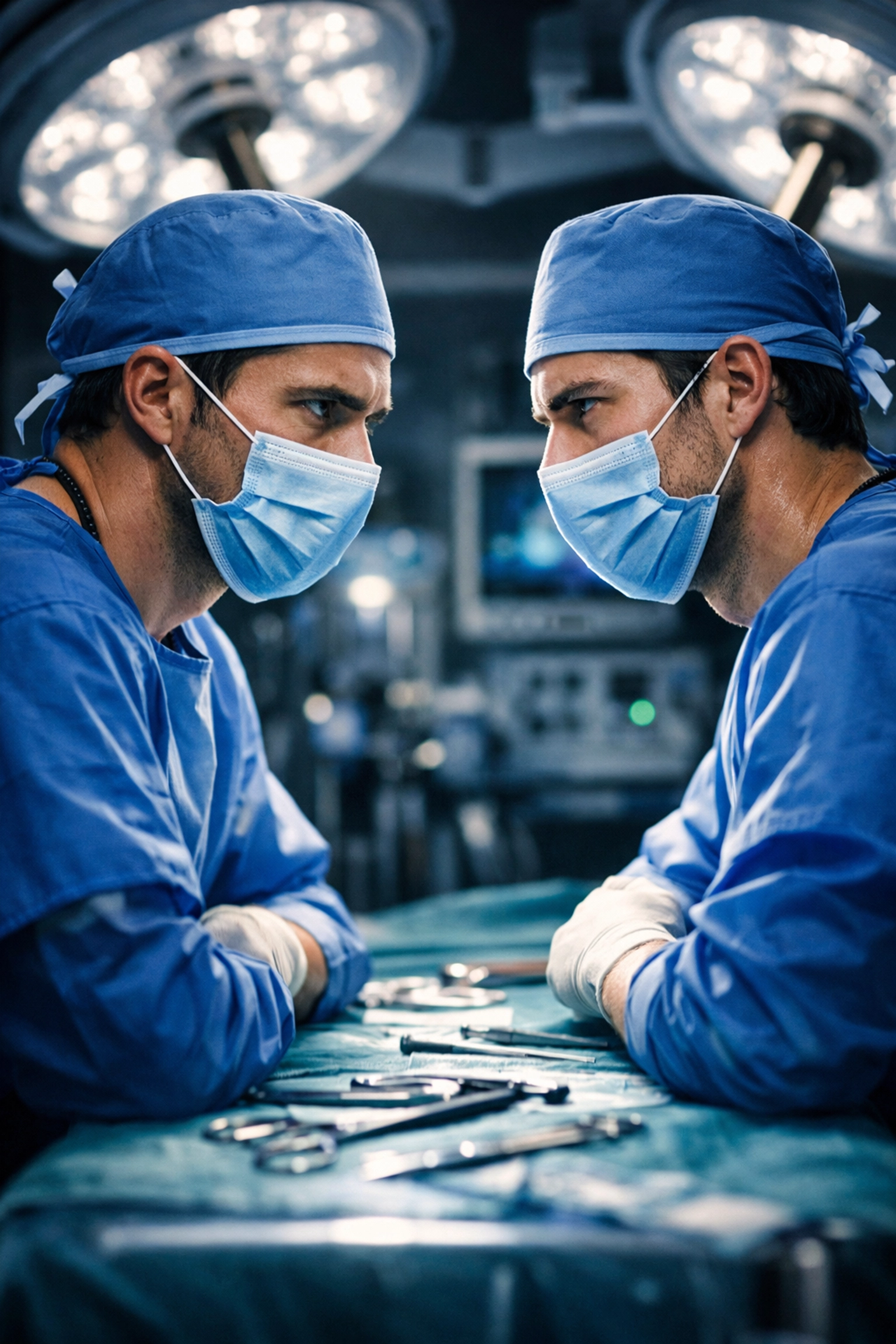 Male surgeons in blue scrubs locked in a tense gaze, illustrating the enemies to lovers MM romance trope.