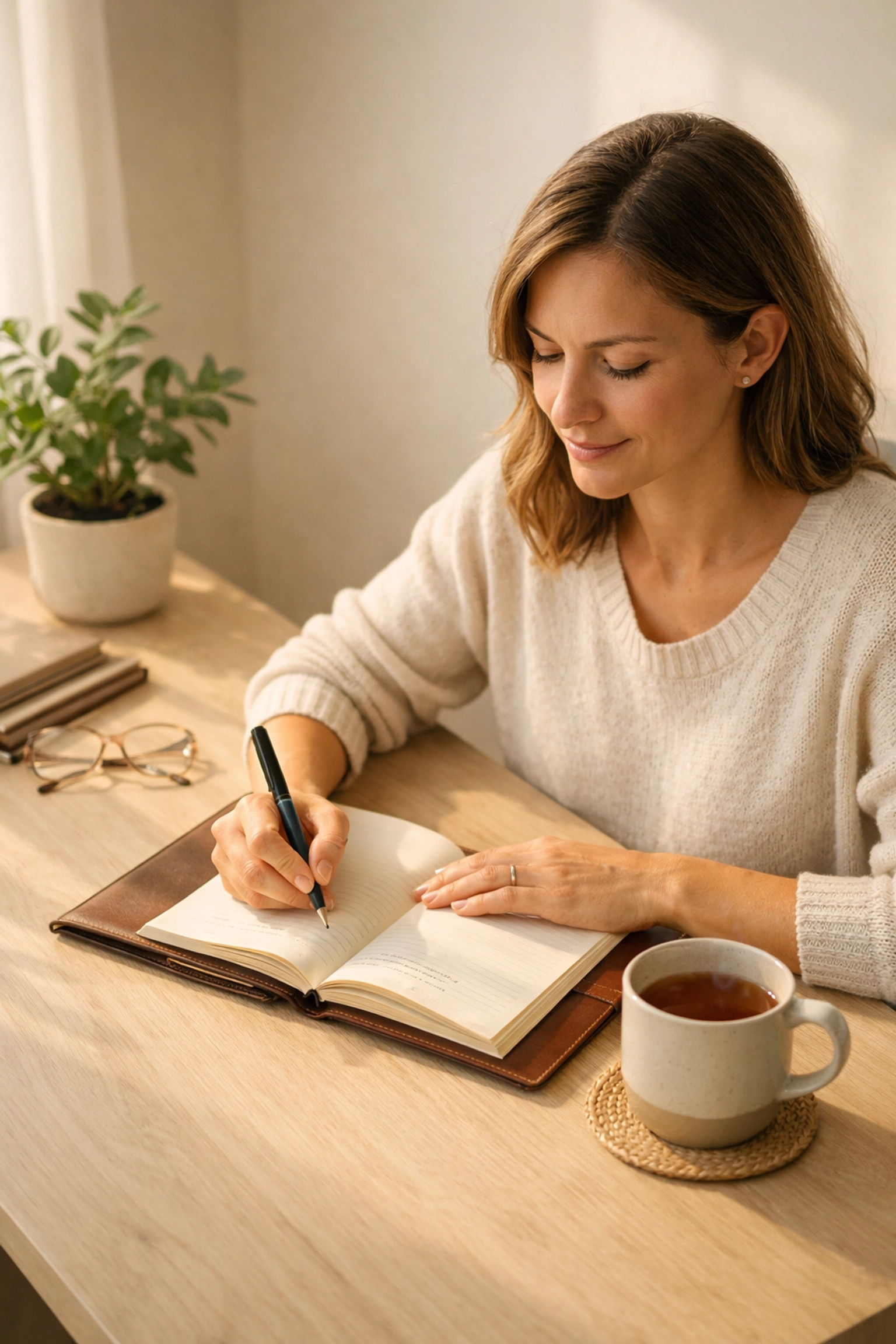 Woman journaling at desk reflecting on personal boundaries and self-care priorities