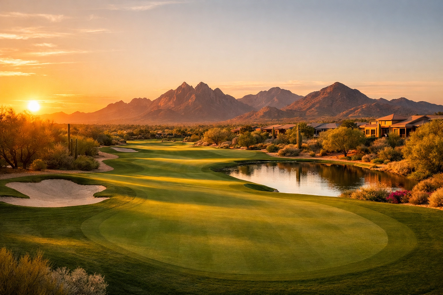Sunset view of a Scottsdale fairway with mountain backdrop