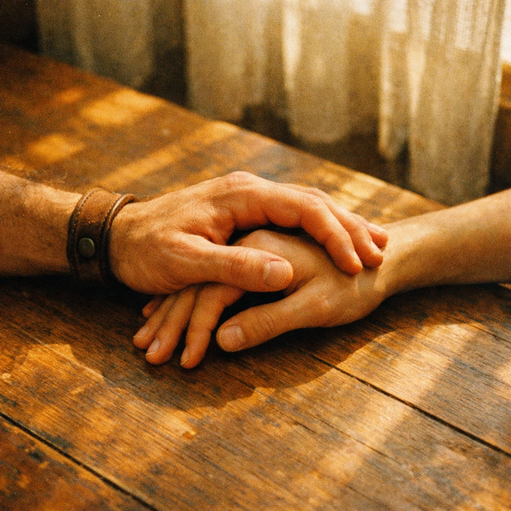 Close-up of hands in a clear power-exchange moment: leather cuff, rope line, and an O-ring catching the light