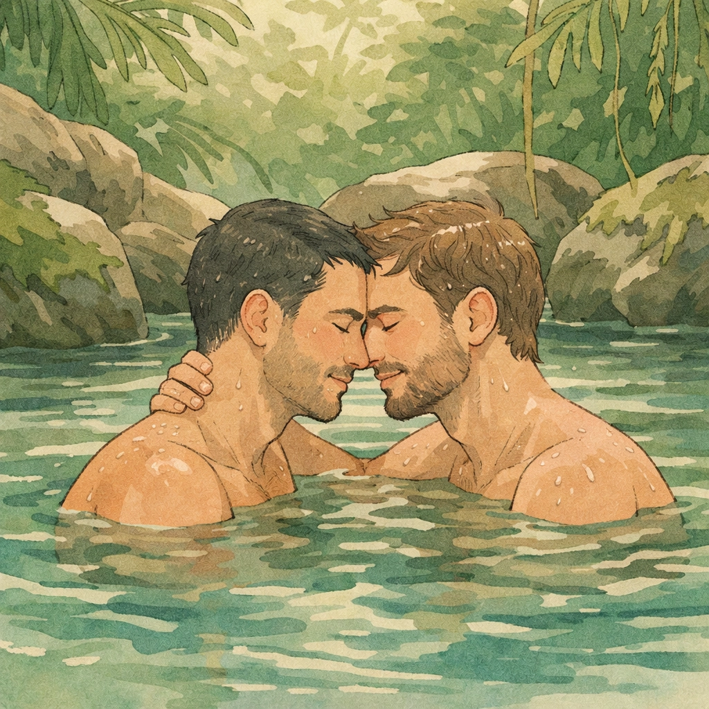 Gay couple swimming together in natural spring pool surrounded by tropical Bali jungle