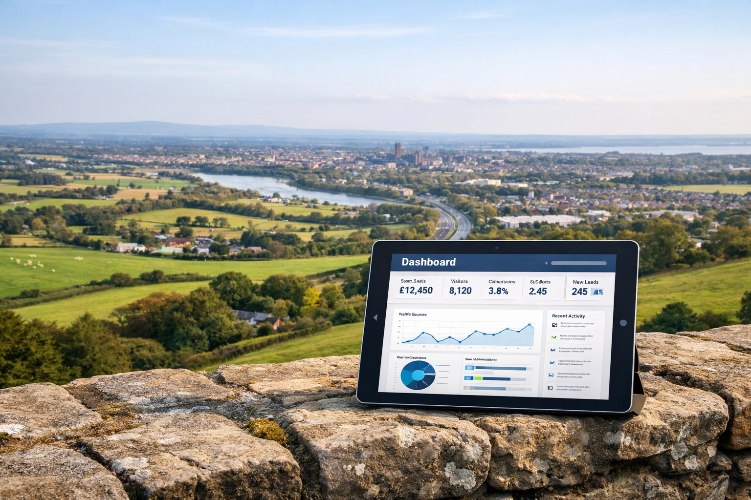 Website analytics dashboard overlooking Chester and North Wales, showing regional SEO growth.