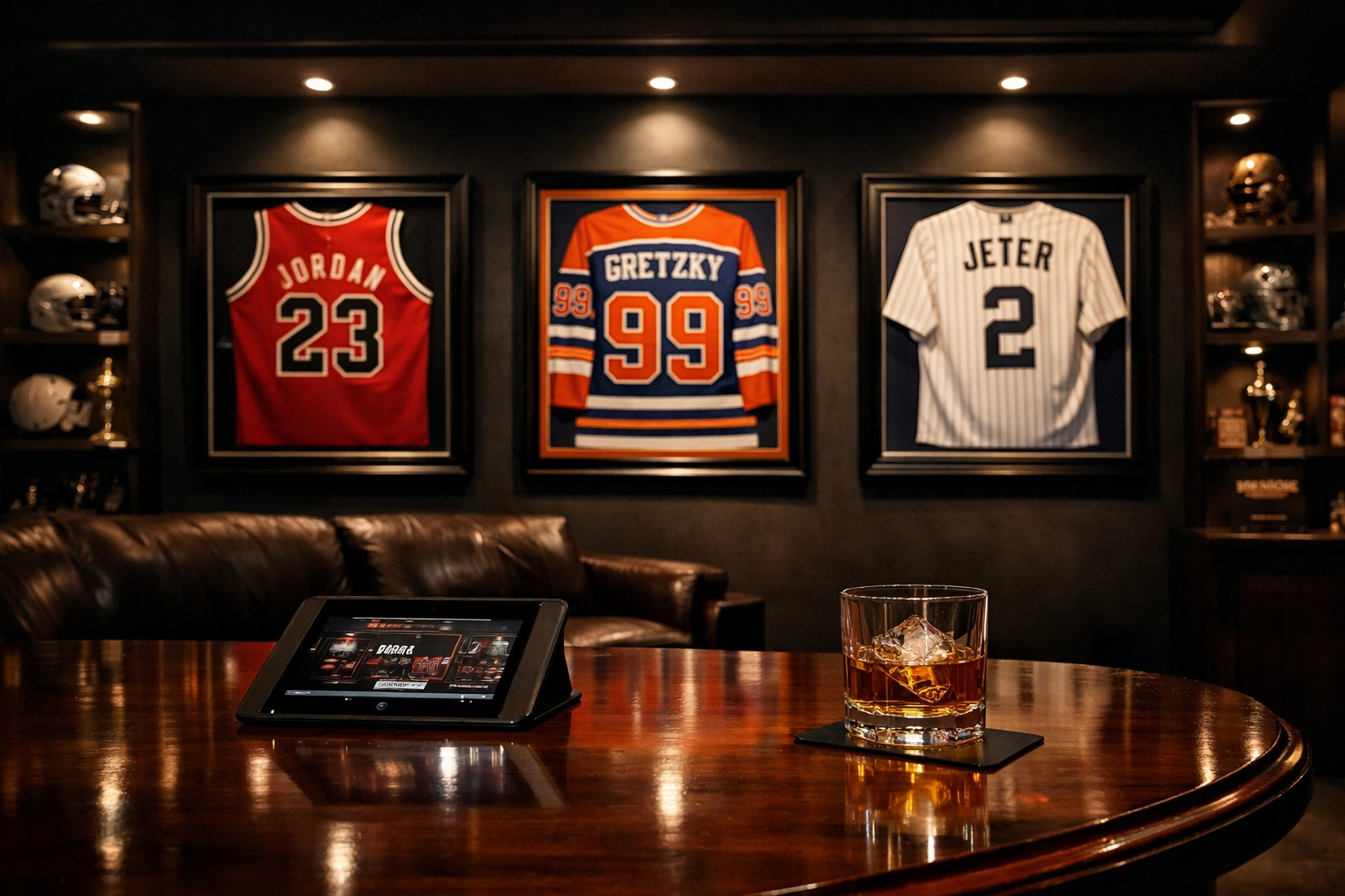 Luxurious home fan cave featuring a gallery of framed limited edition jerseys under spotlights.