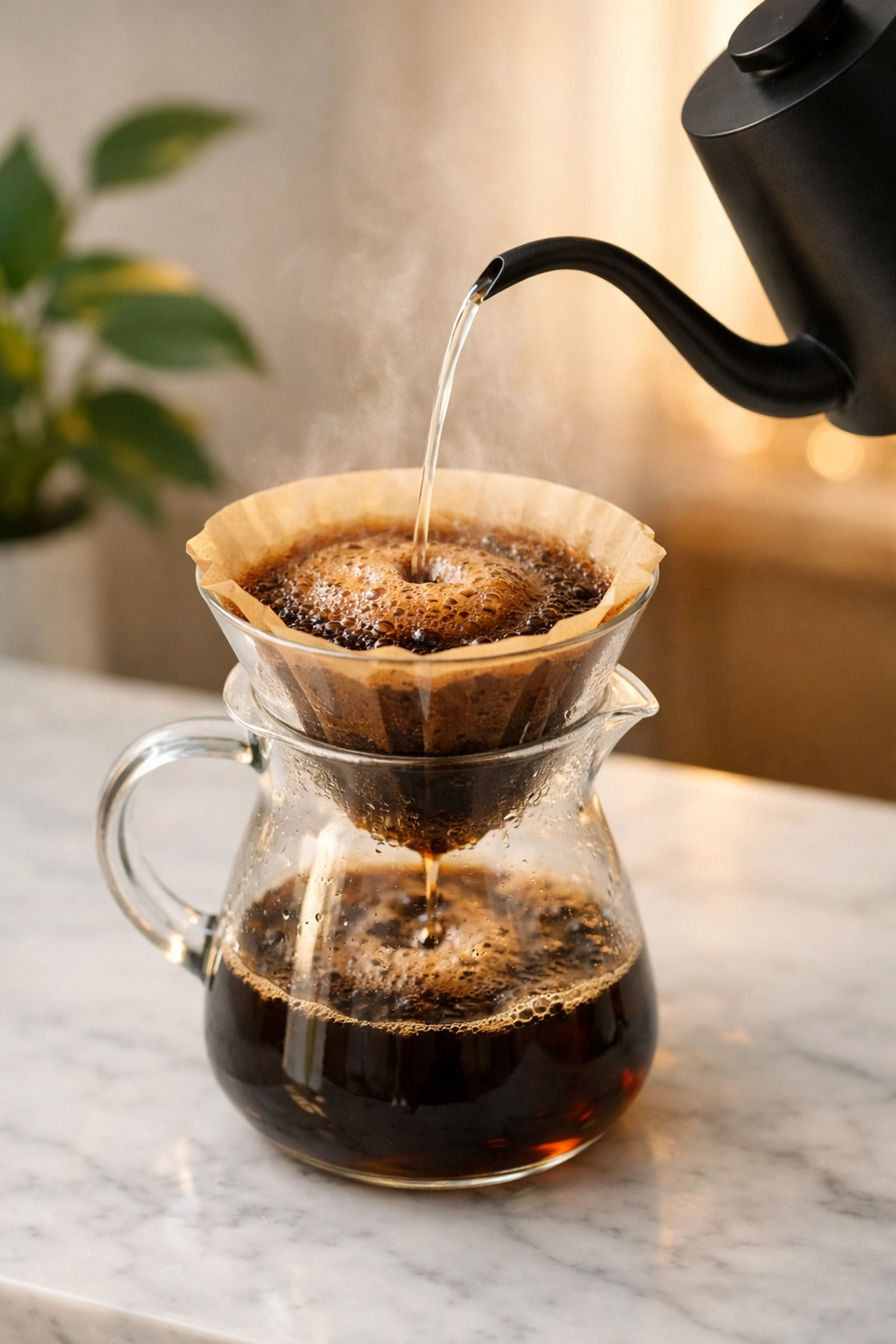 Pour-over coffee bloom in a filter with gooseneck kettle, demonstrating better home brew technique