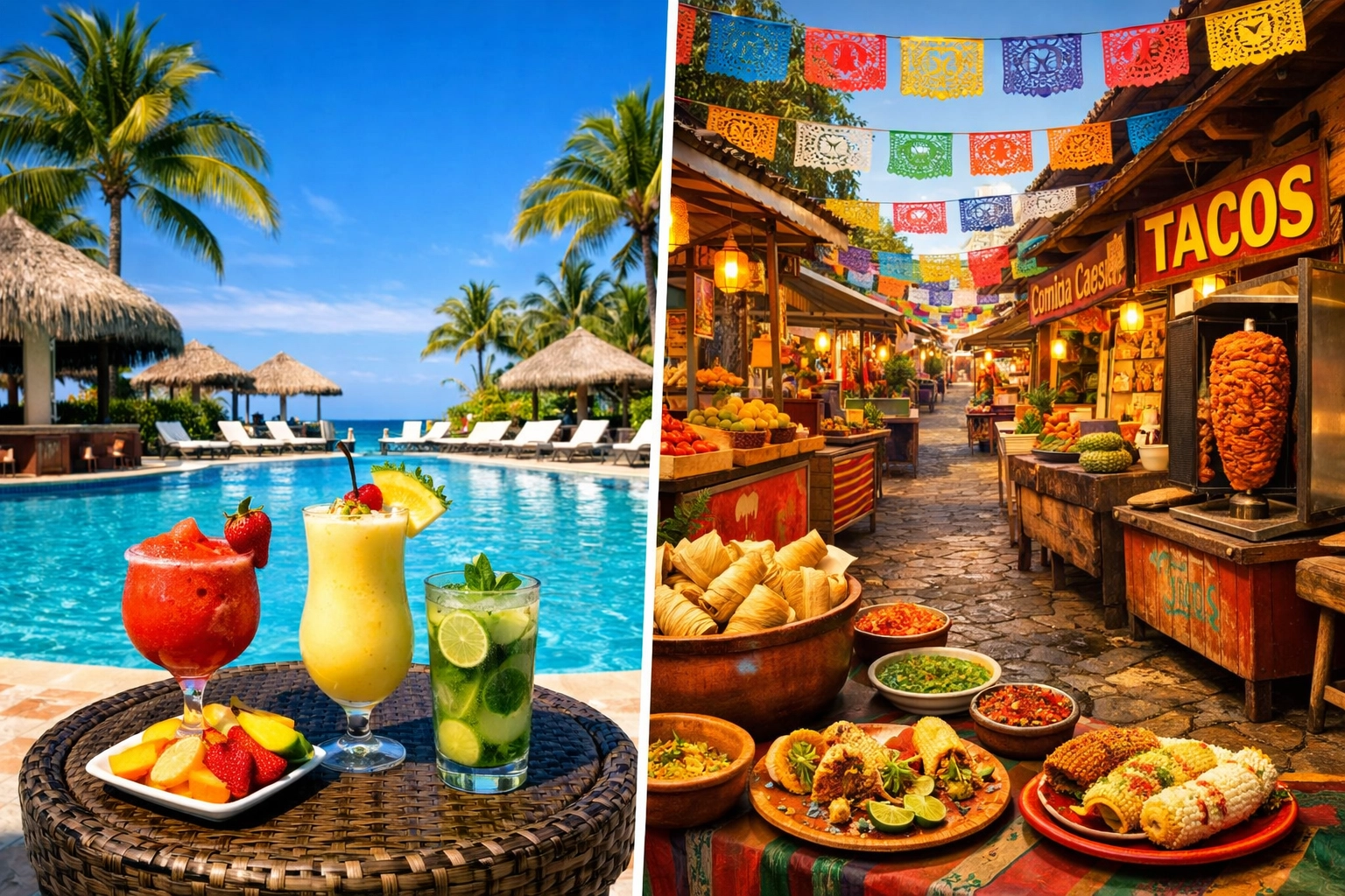 All-inclusive resort pool compared to local street market dining experience