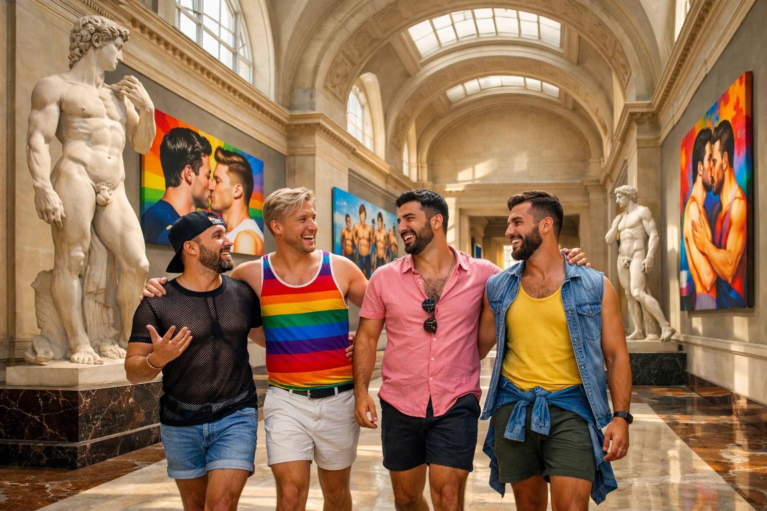 A group of friends exploring a grand museum hall featuring classical and modern LGBTQ art exhibitions.