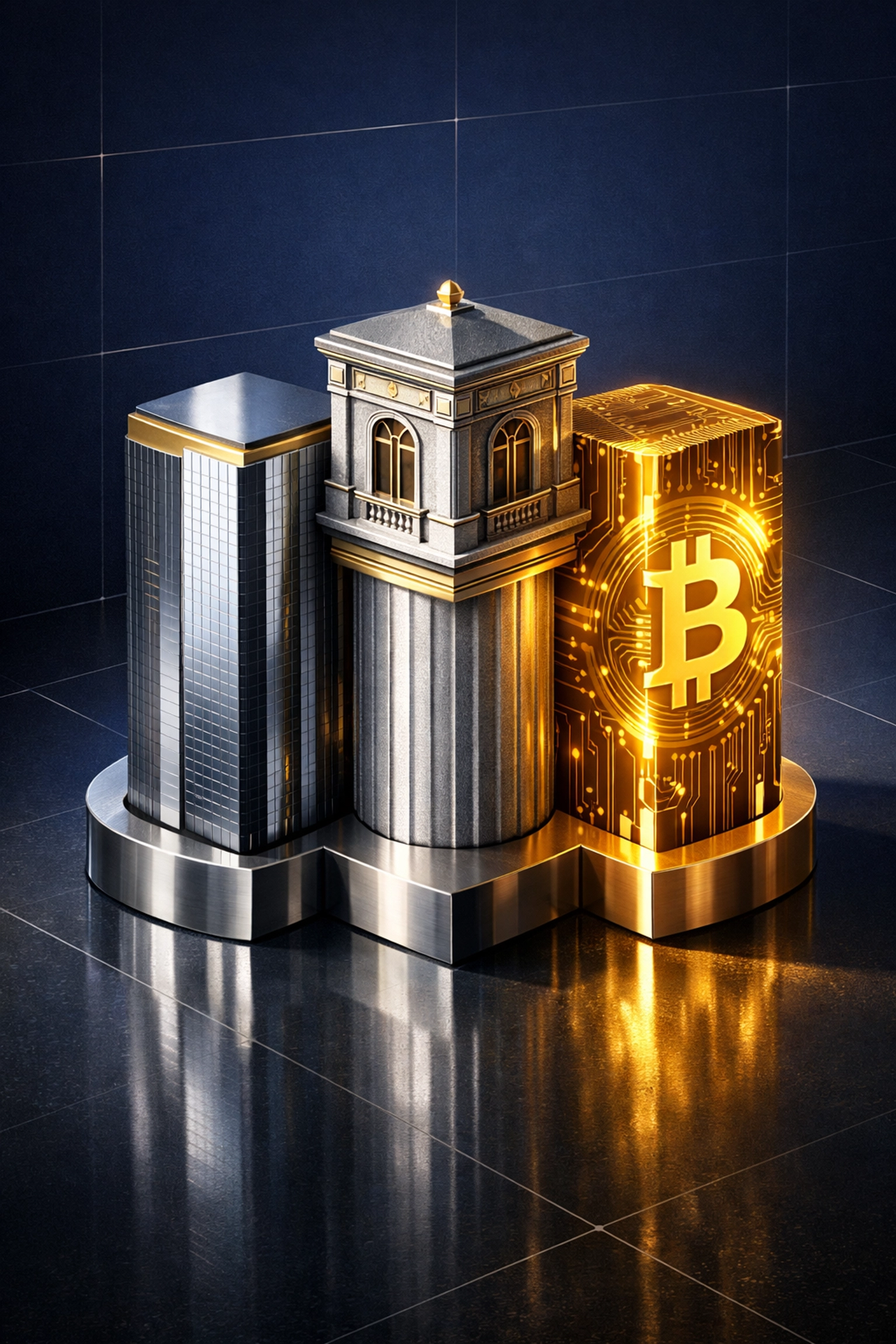 Three pillars representing private equity, real estate, and Bitcoin investment framework