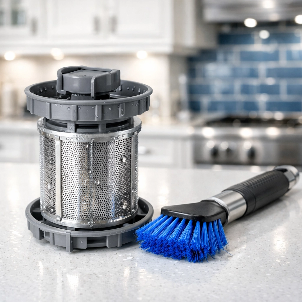 A sparkling clean dishwasher filter and blue scrubbing brush on a white quartz kitchen surface.