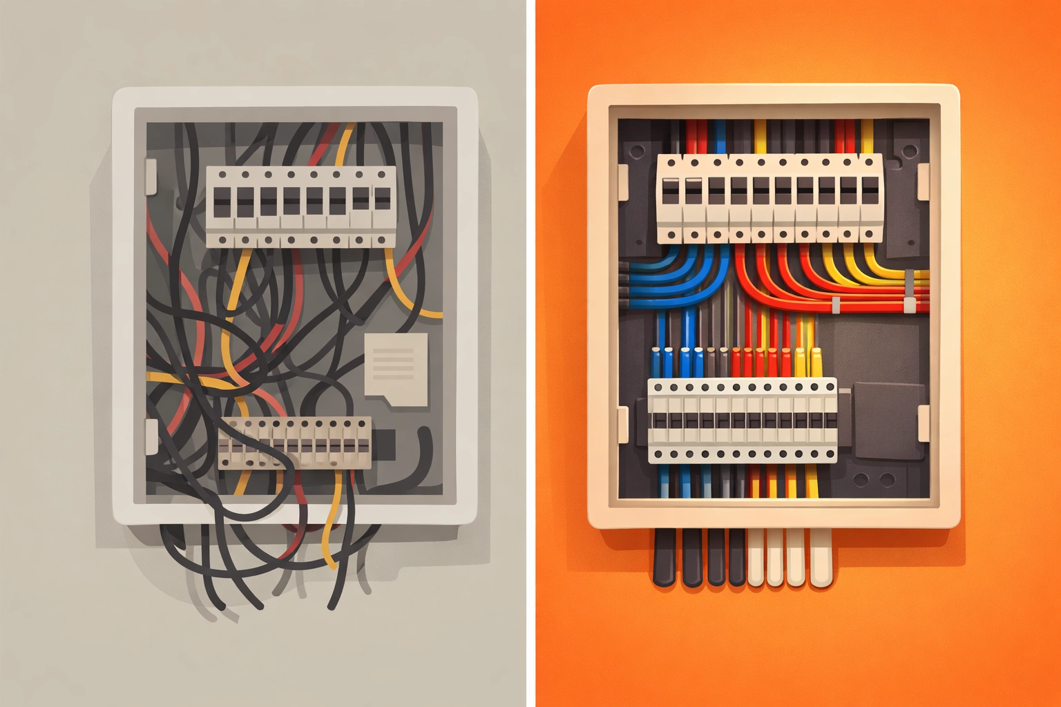 Before and after photo comparison of an electrical panel rough-in using a contractor photo app.