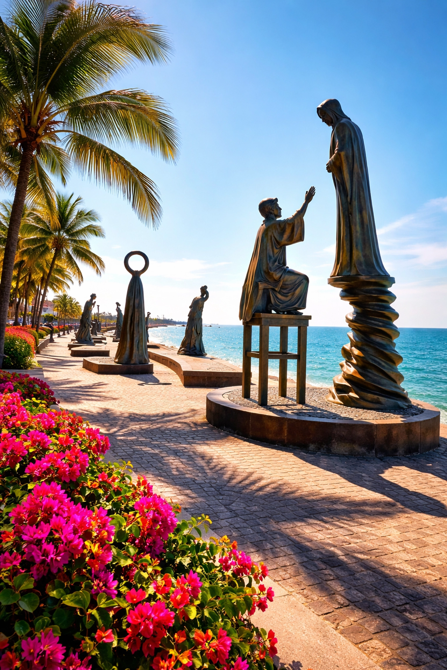 Bronze sculptures on the Puerto Vallarta Malecon with tropical flowers and the Pacific Ocean in the background