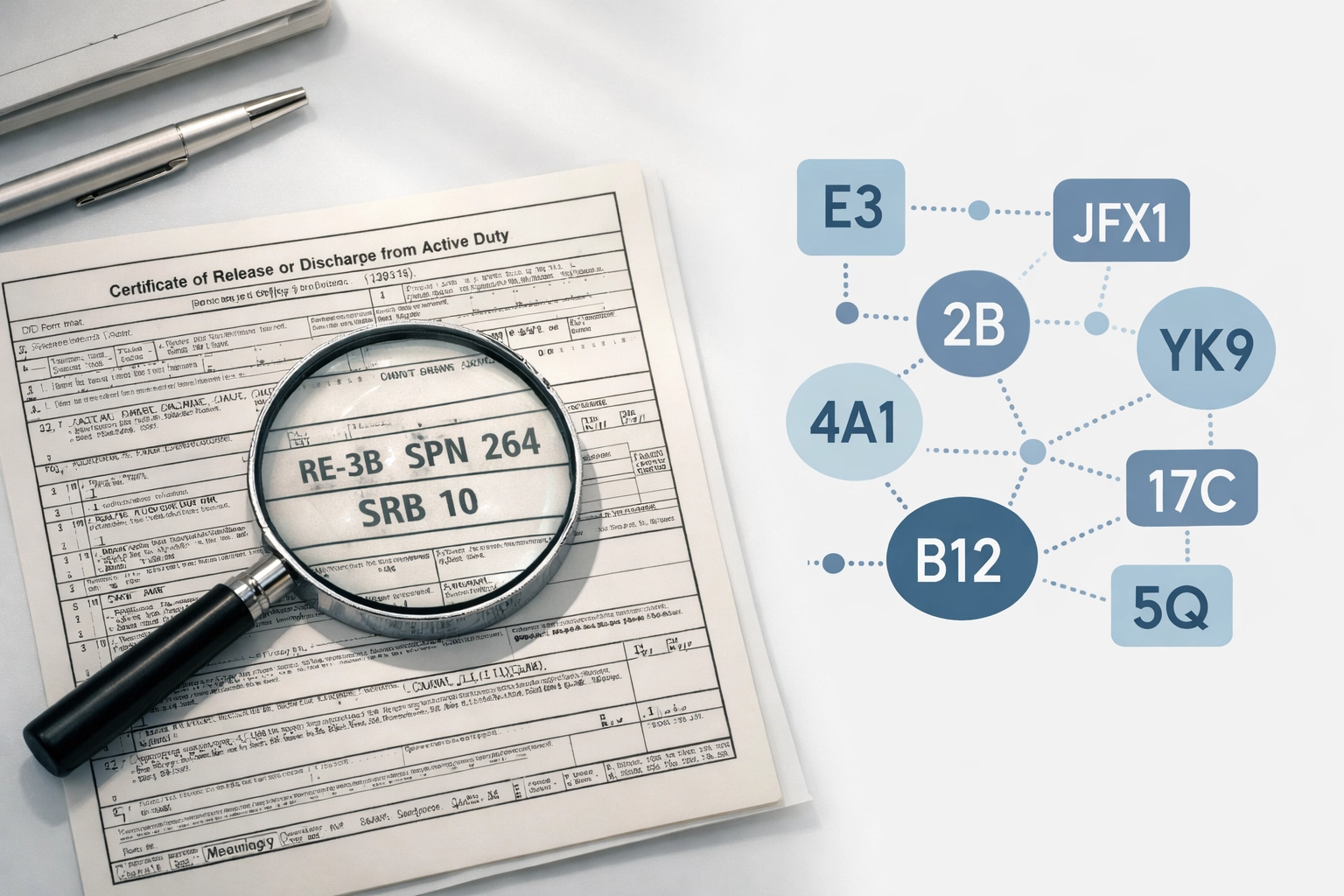 DD214 military discharge document with magnifying glass examining complex military service codes