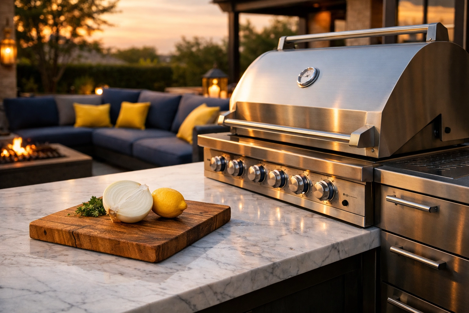 Natural grill cleaning supplies featuring a halved onion and lemon next to a professional stainless steel grill.