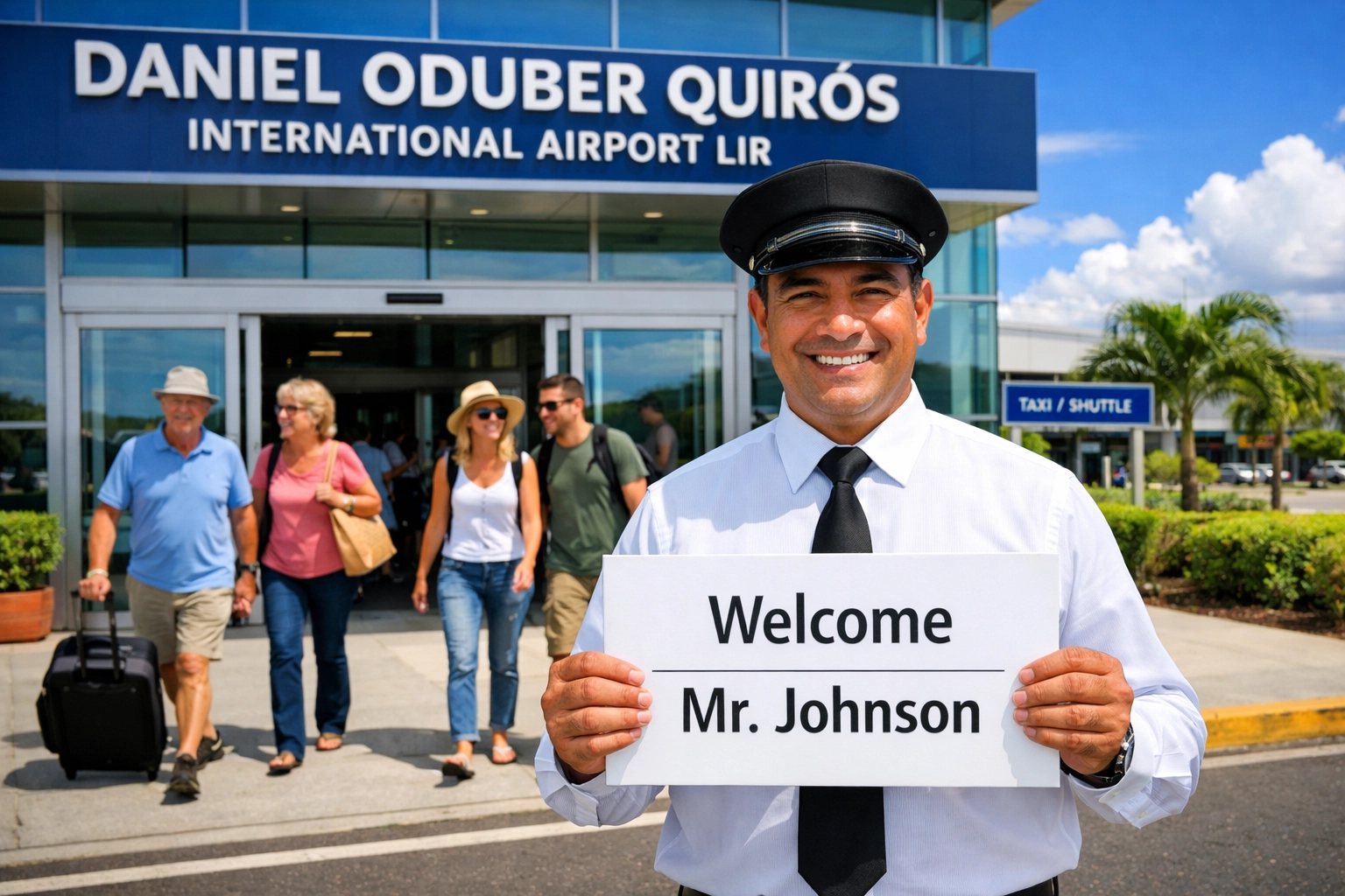 Professional driver holding a greeting sign for an LIR airport shuttle transfer.