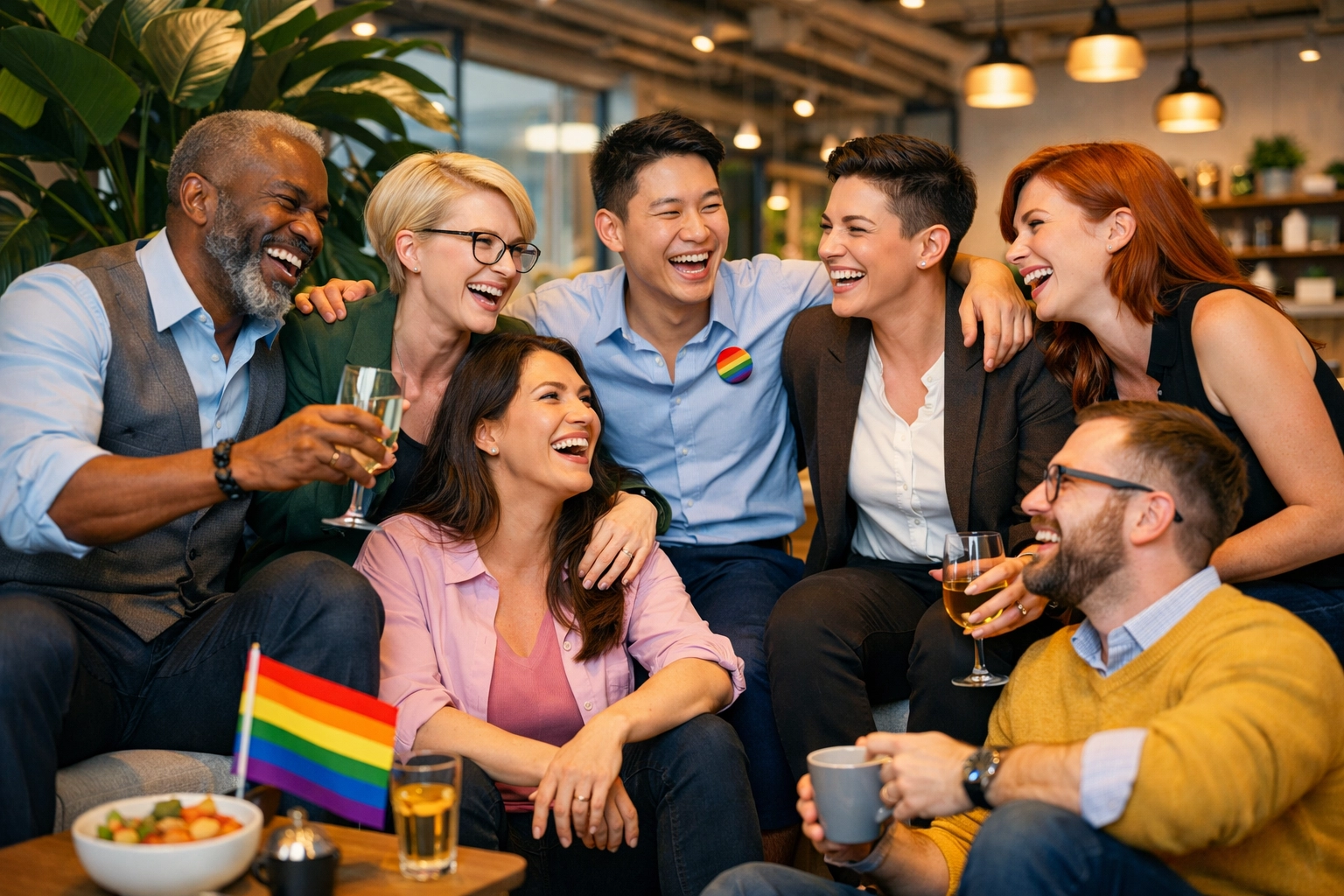 A diverse group of LGBTQ+ professionals laughing in an office lounge, illustrating found family and queer community.