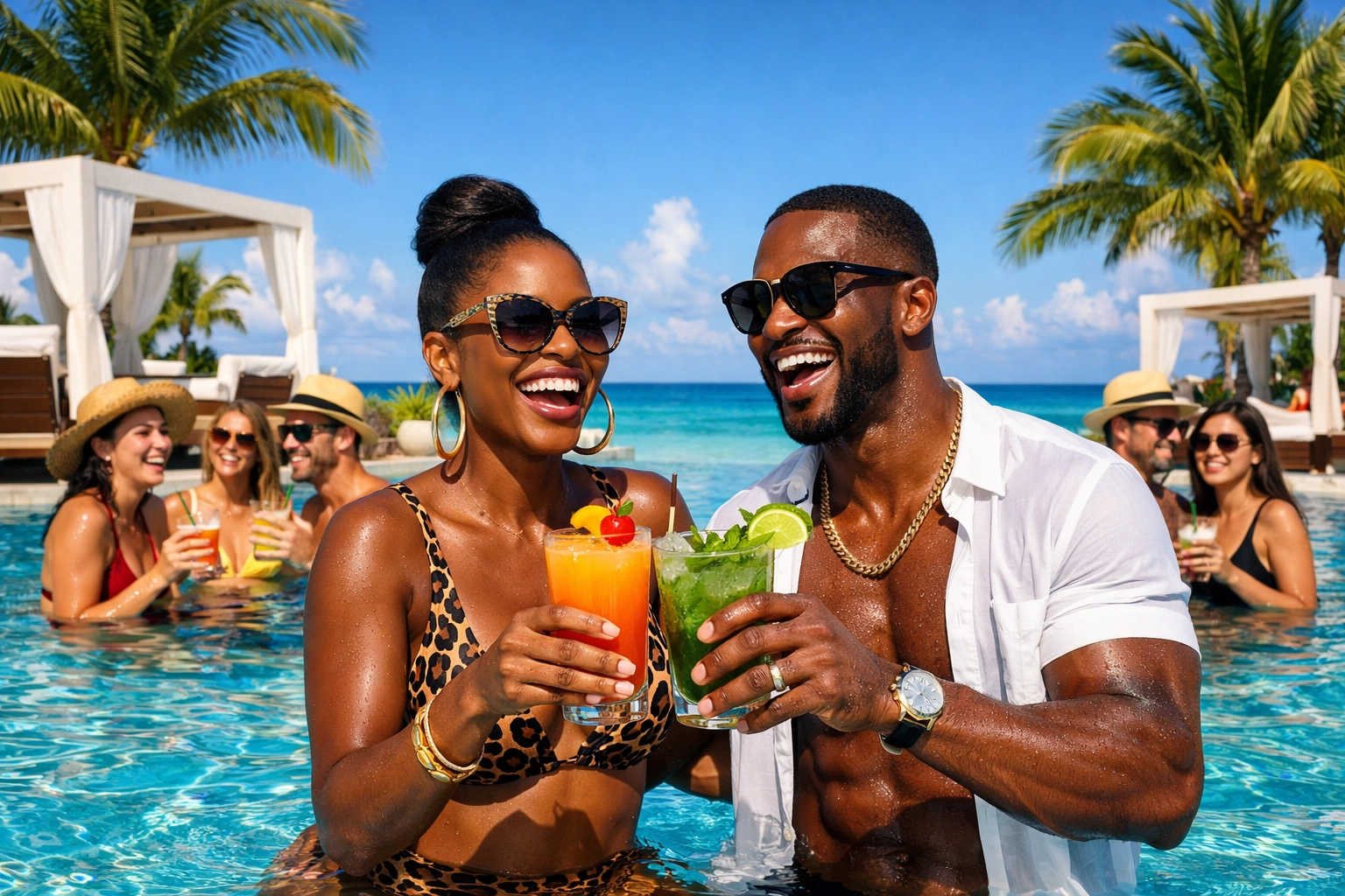 Adults enjoying cocktails at a tropical resort pool following a seamless Lifestyle Resorts booking process.