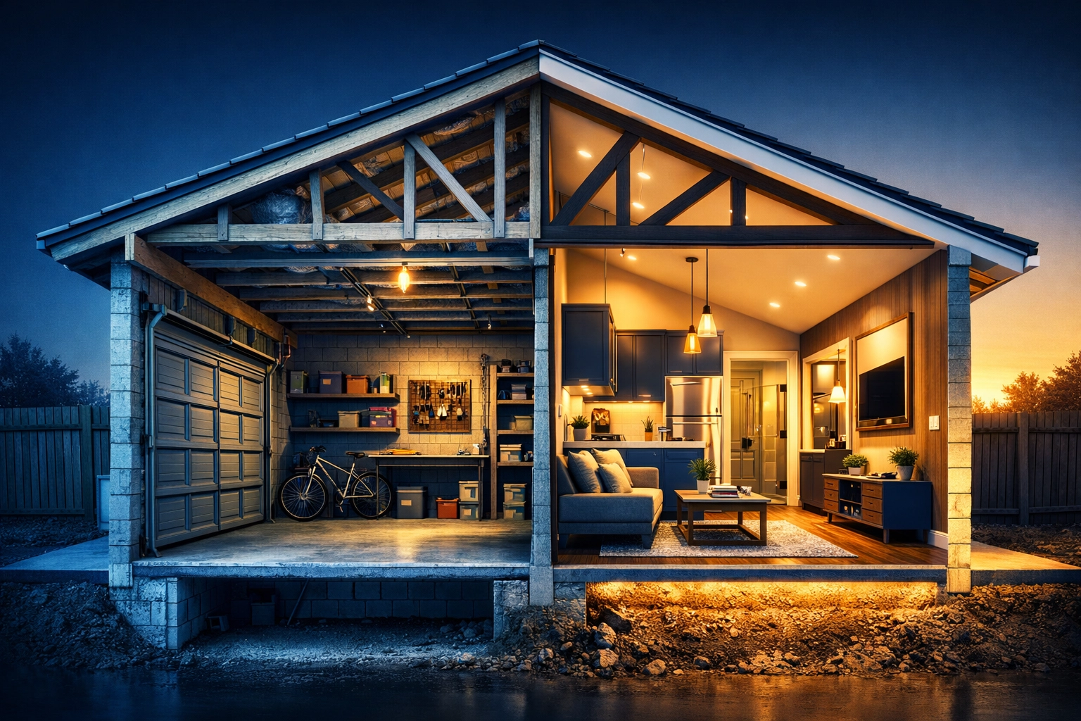 Garage conversion to ADU showing interior layout with kitchen and living space