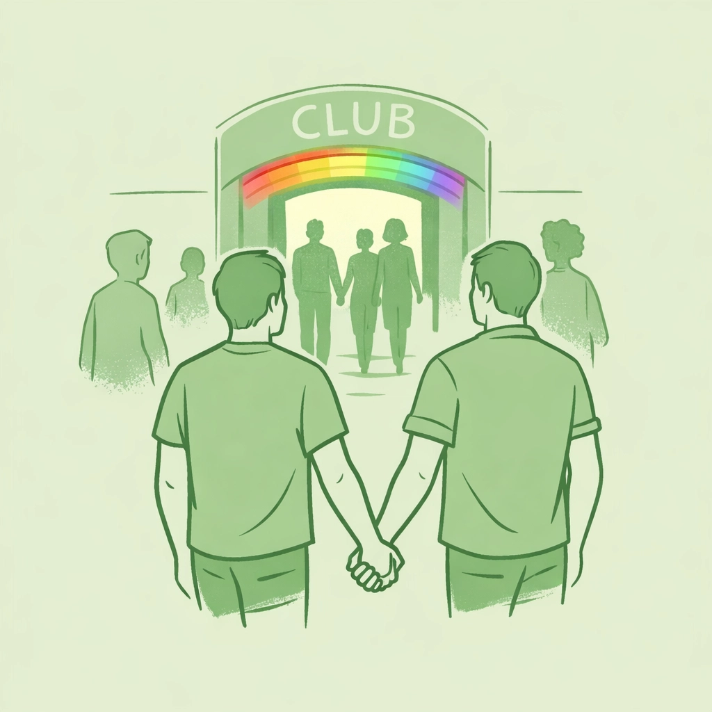 Gay couple walking to LGBTQ+ nightclub entrance, symbolizing resilience after Pulse Orlando tragedy