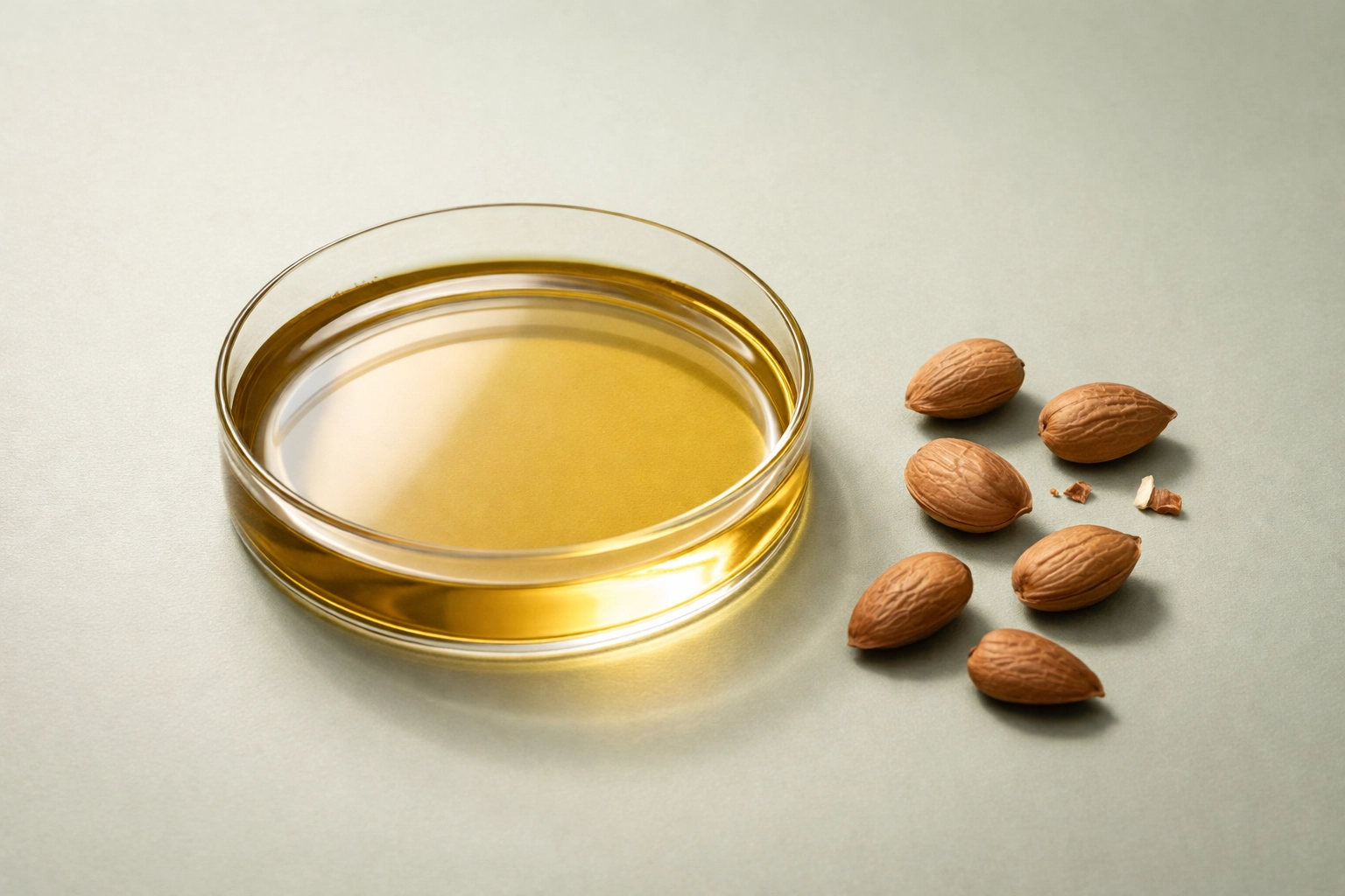 Apricot kernel oil in a glass dish with whole kernels, representing antioxidant and nutritional benefits.