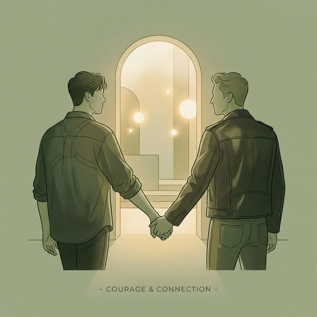 Gay couple in leather gear holding hands entering venue - trust and vulnerability in MM fiction