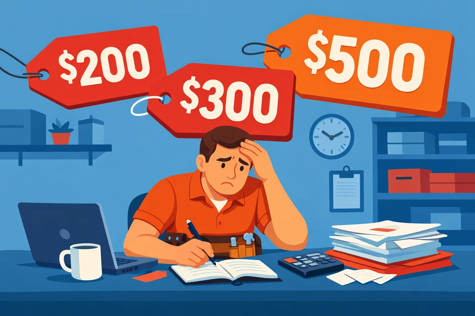 Small trade business owner stressed by expensive software pricing tags showing $200-$500 monthly costs