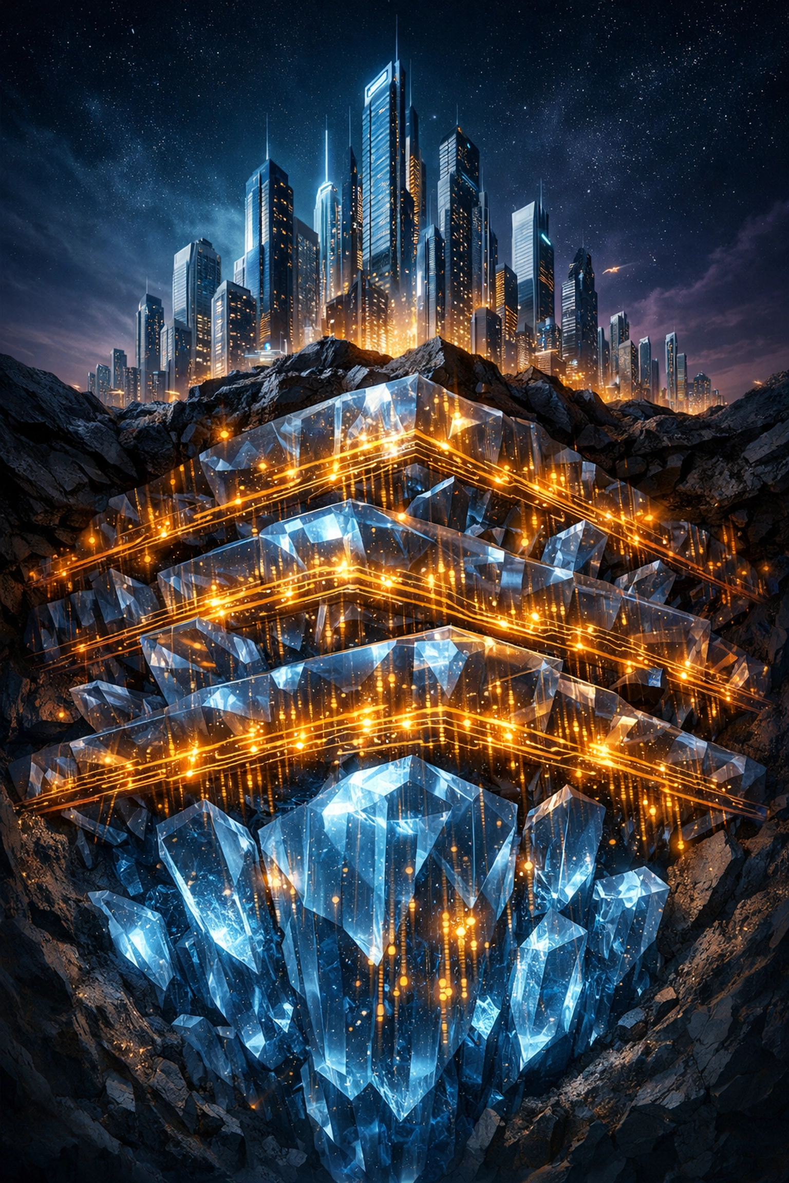 Interconnected digital foundation beneath a futuristic city skyline representing economic stability.