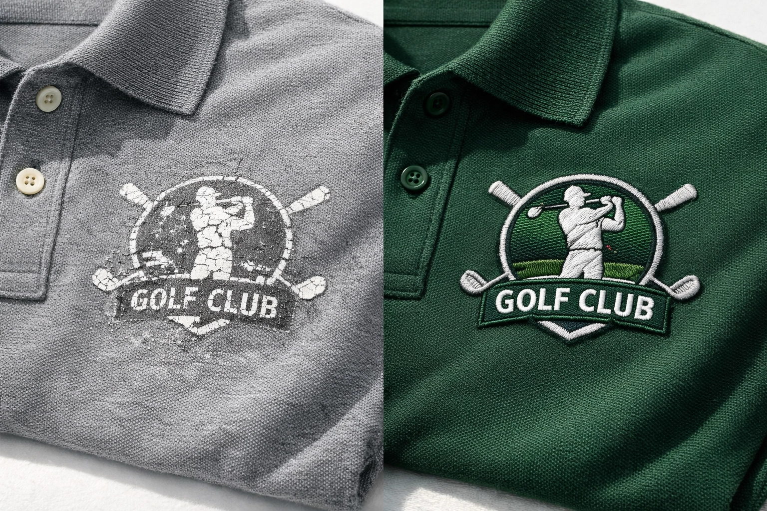 Comparison of worn screen-printed logo versus durable embroidered logo on polo shirts