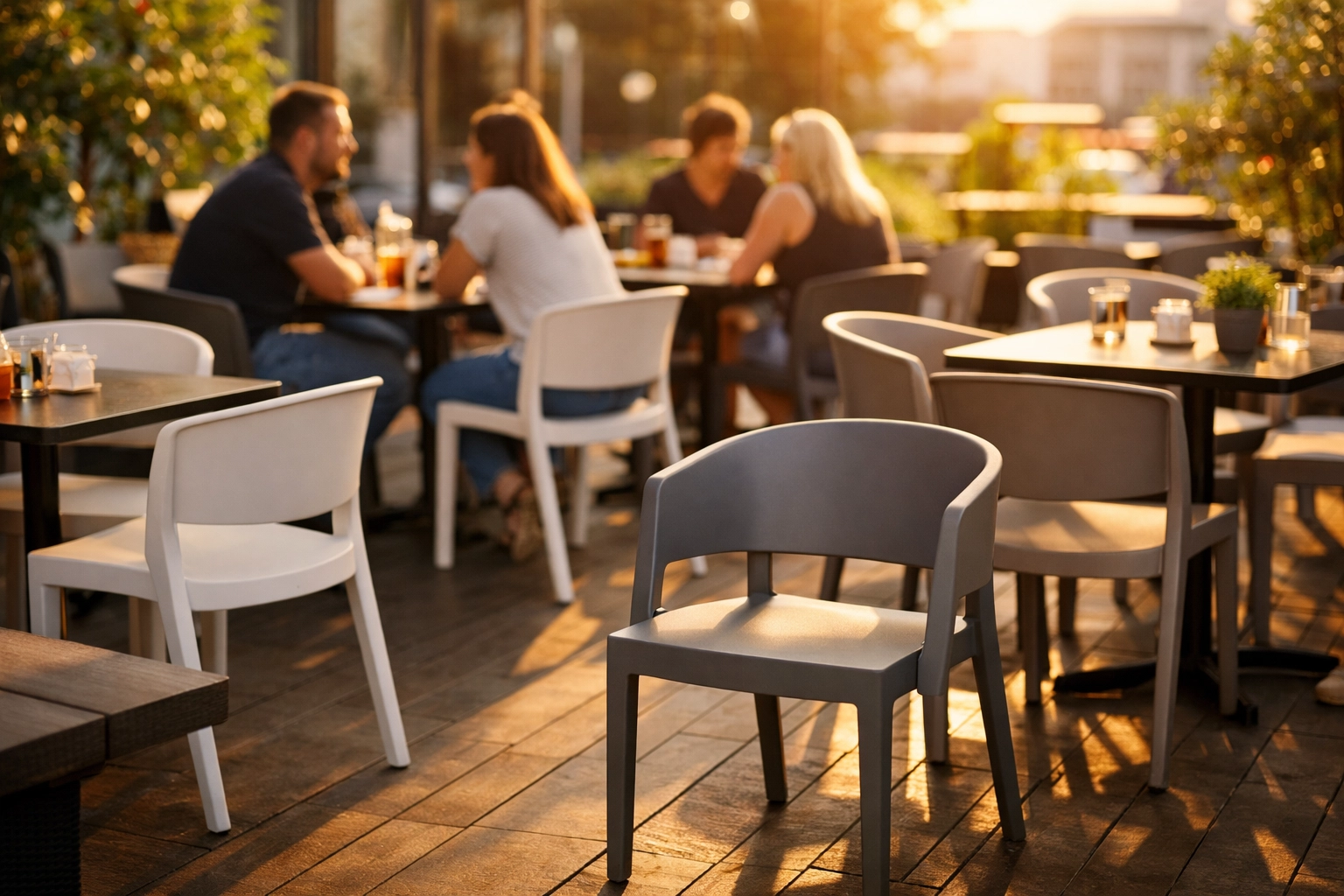 Outdoor café terrace with resin chairs for high-traffic restaurant dining