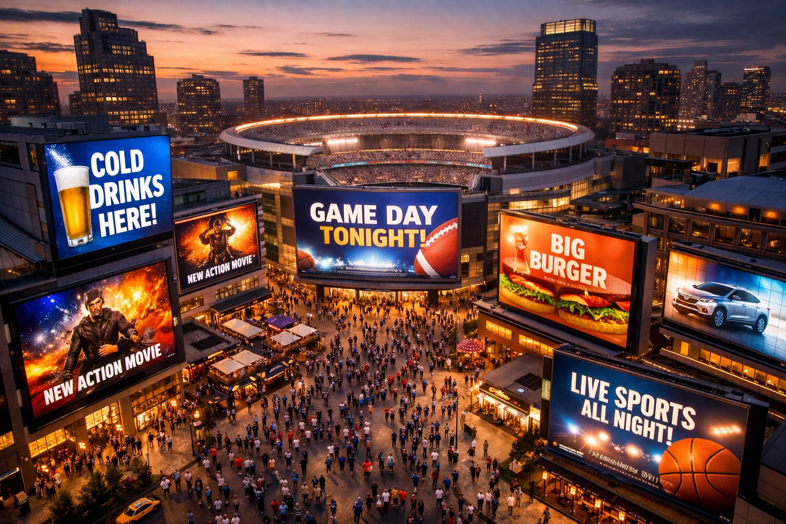 Digital billboards surrounding sports stadium at dusk with crowds of fans in team jerseys