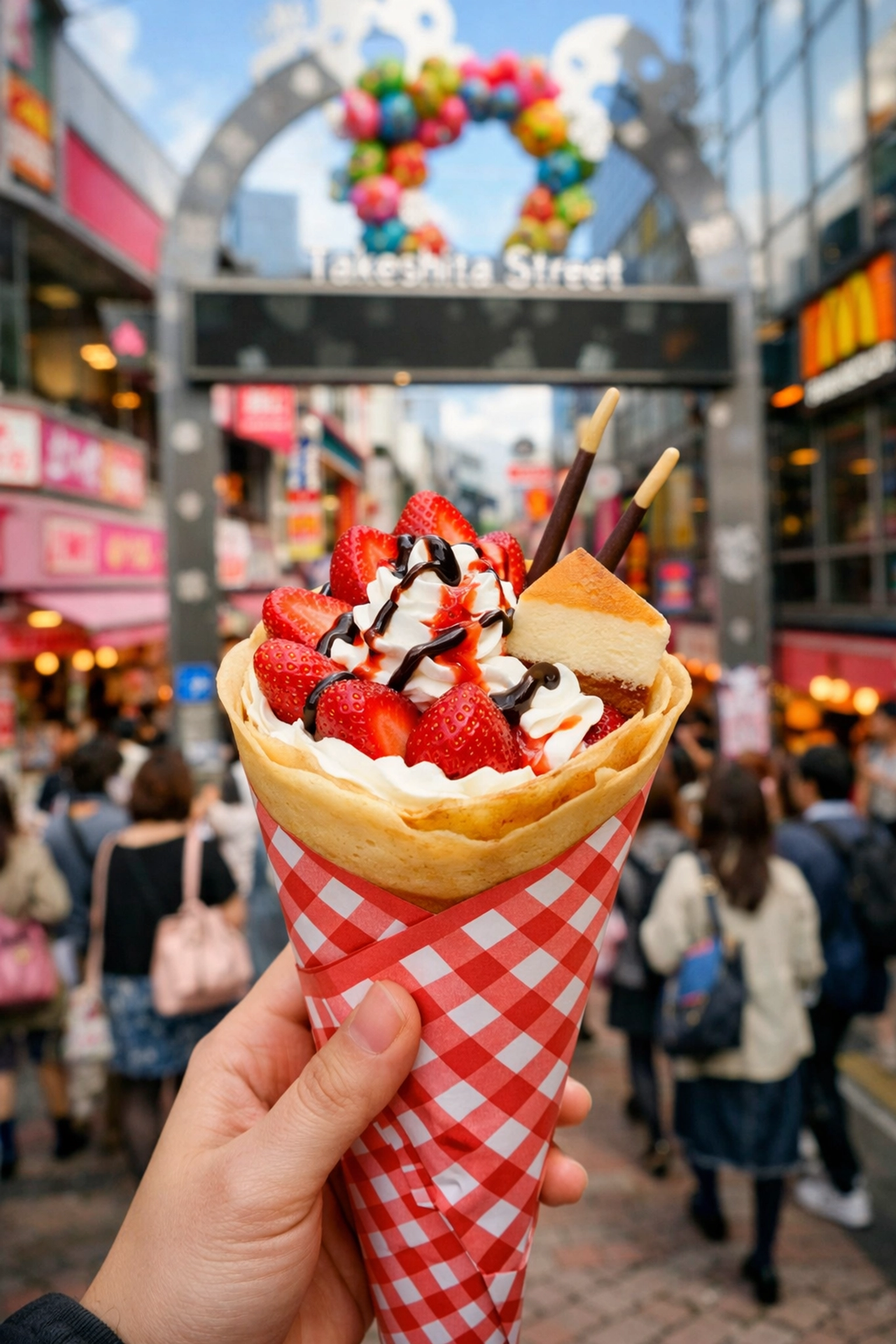 Colorful fruit and cream Japanese crepe held in front of Harajuku's vibrant Takeshita Street.