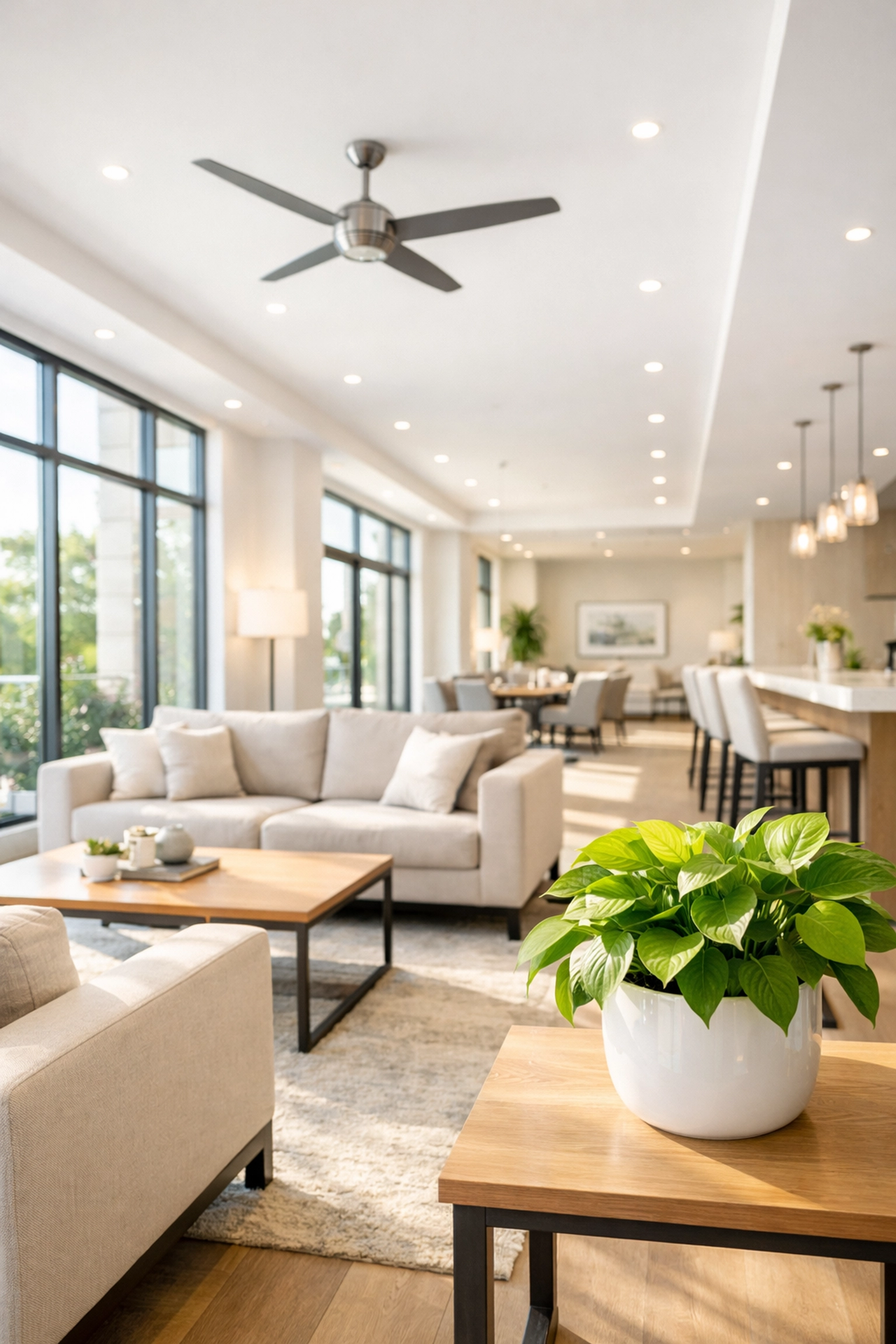 Sunlit multifamily clubhouse lounge highlighting deep-cleaned surfaces and fresh indoor air quality in spring.