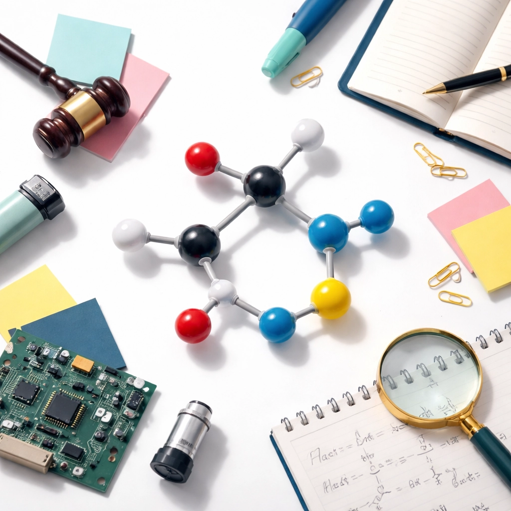 Chemistry career paths illustrated with molecular models, gavel, notebook, circuit board, and microscope lens.