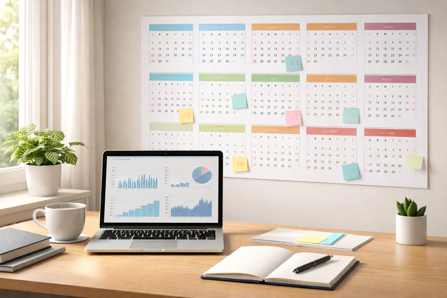 Modern office desk with annual calendar, laptop and financial charts illustrating year-round tax planning