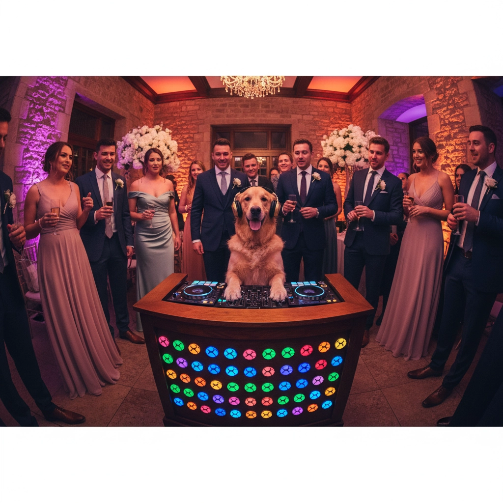 A golden retriever DJ at a party, surrounded by smiling people in formal attire. Colorful lights and elegant stone walls create a festive mood.