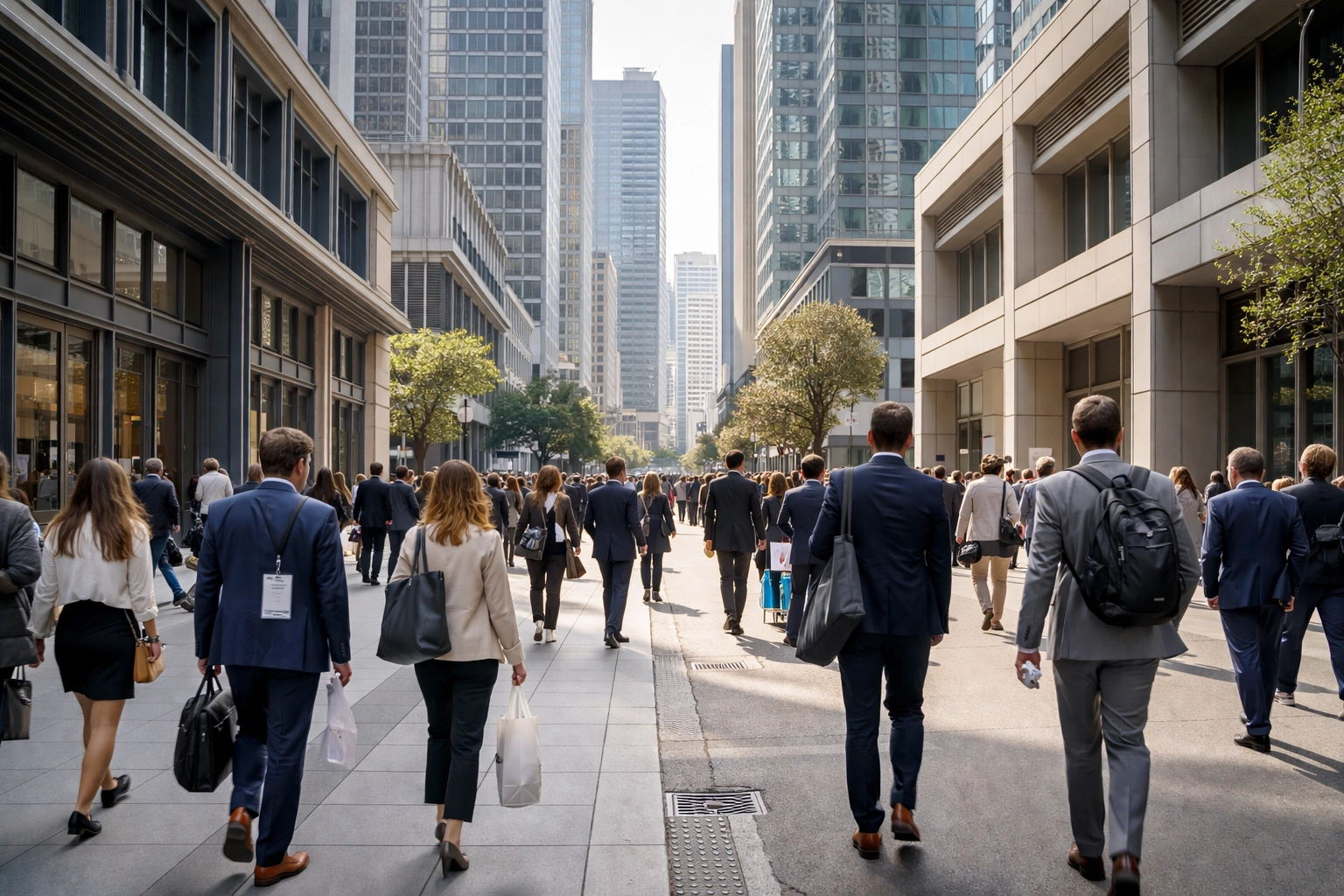 Professionals walking through San Francisco's SoMa district near Moscone Center during a major convention week