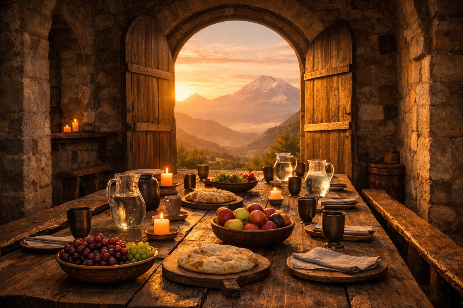 A dining table in a stone building set for refugees, representing Armenian hospitality and sanctuary.