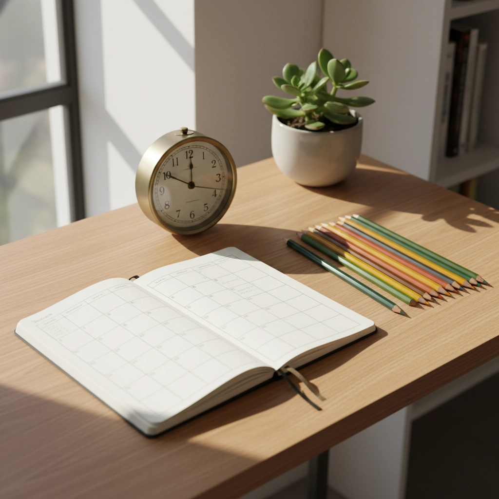 Minimalist desk setup with an open monthly planner, colorful pencils, a potted plant, and a gold clock in natural sunlight, representing productivity, organization, and writing schedule planning for authors.