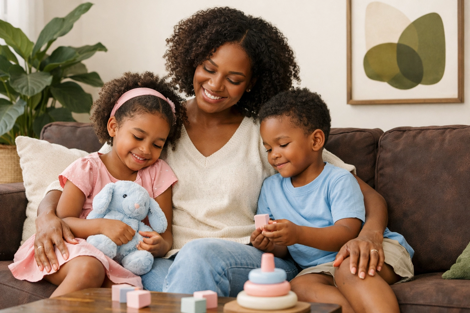 A present, grounded Black mom shares a calm moment with her kids in a bright off-white (#F2F1EA) home, with soft rose (#E8AAAA/#D98283) and light blue (#CEEBEC) details, deep brown (#663C35) furniture, and olive green (#58532B) touches—capturing the ripple effect of healing.
