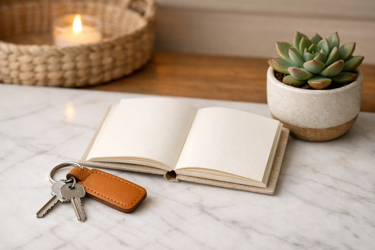 House keys and property documents on a marble table during a divorce in Fredericksburg VA.