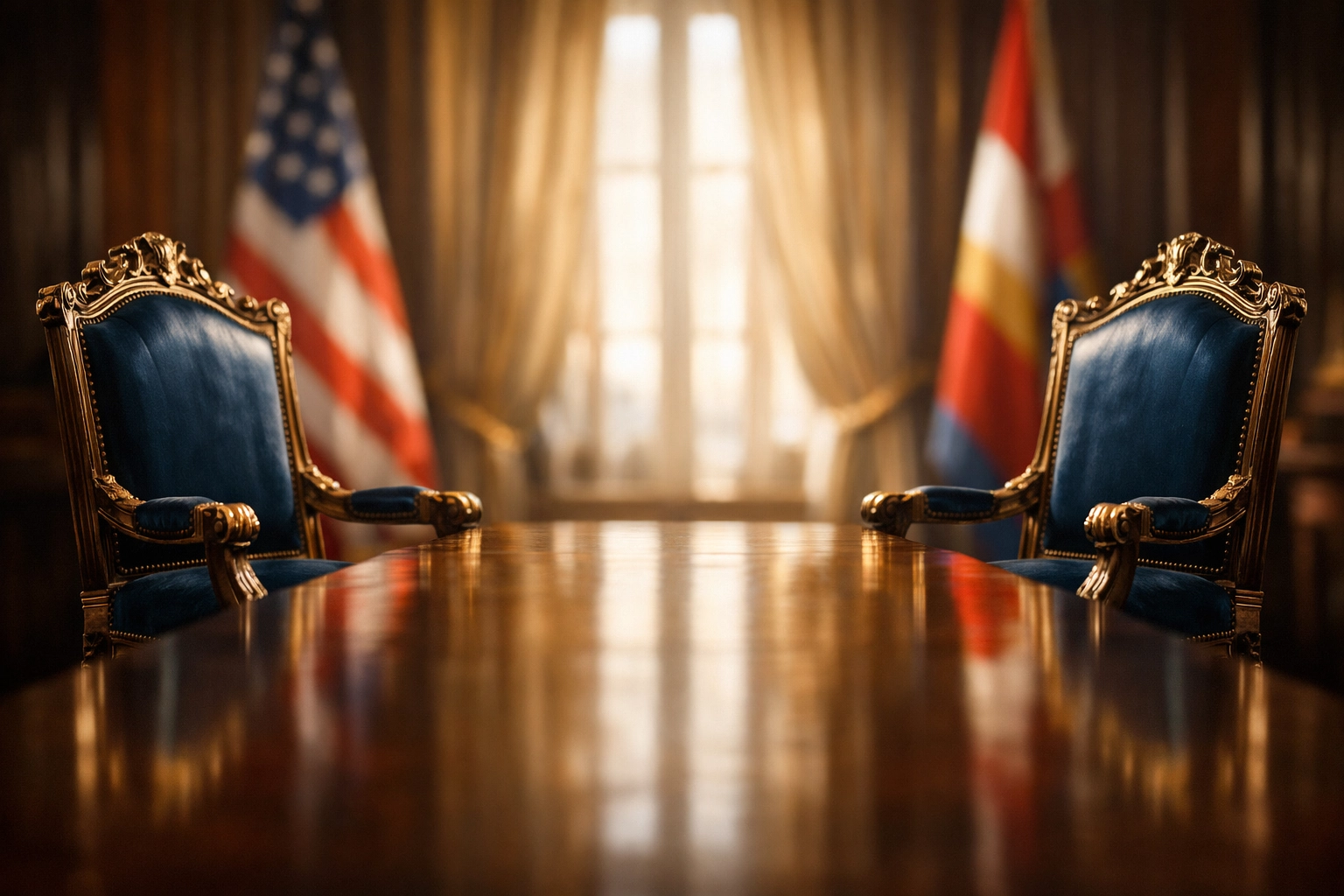 Diplomatic meeting room set for international peace talks between world leaders