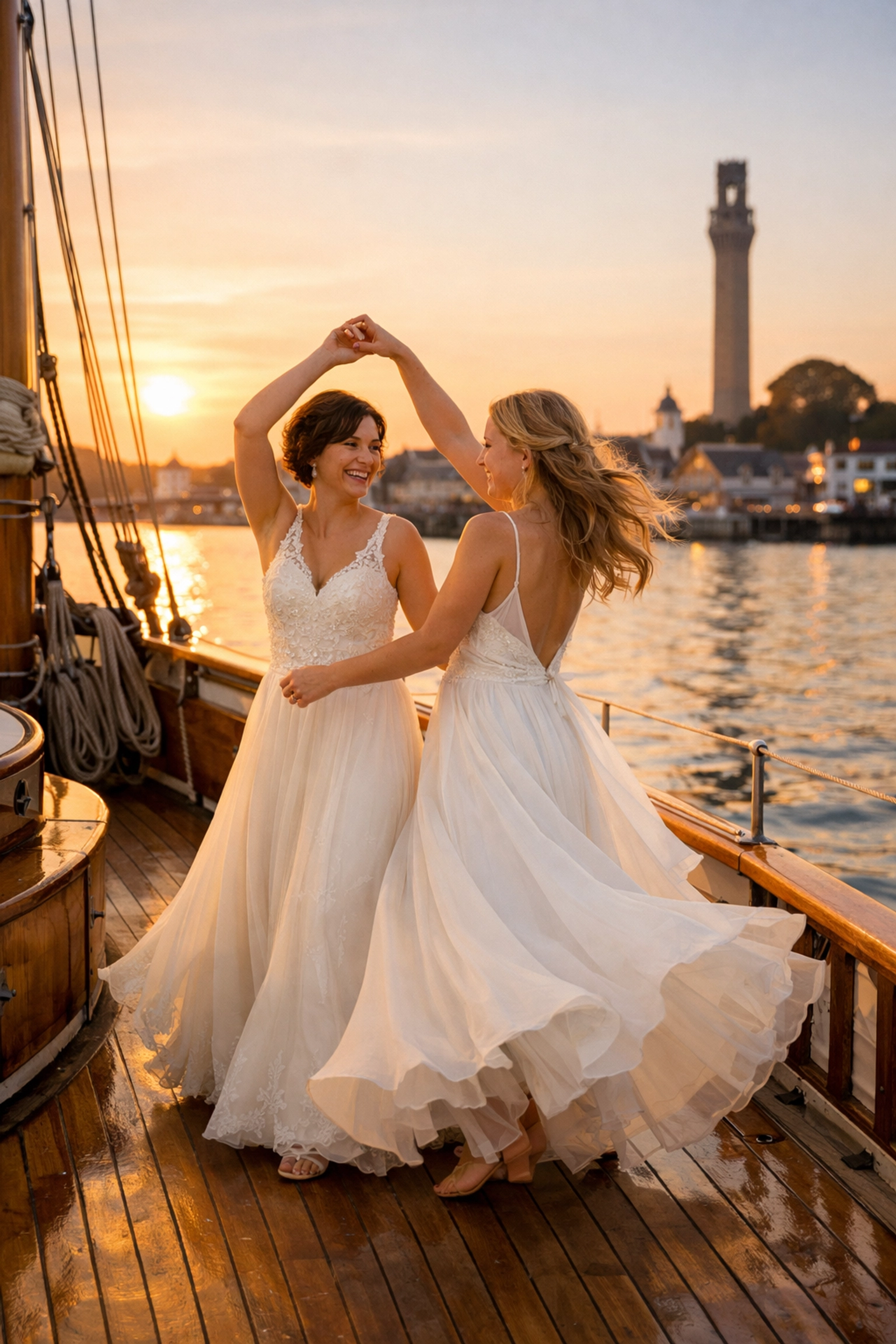 Lesbian brides dancing on sailing yacht in Provincetown harbor at sunset