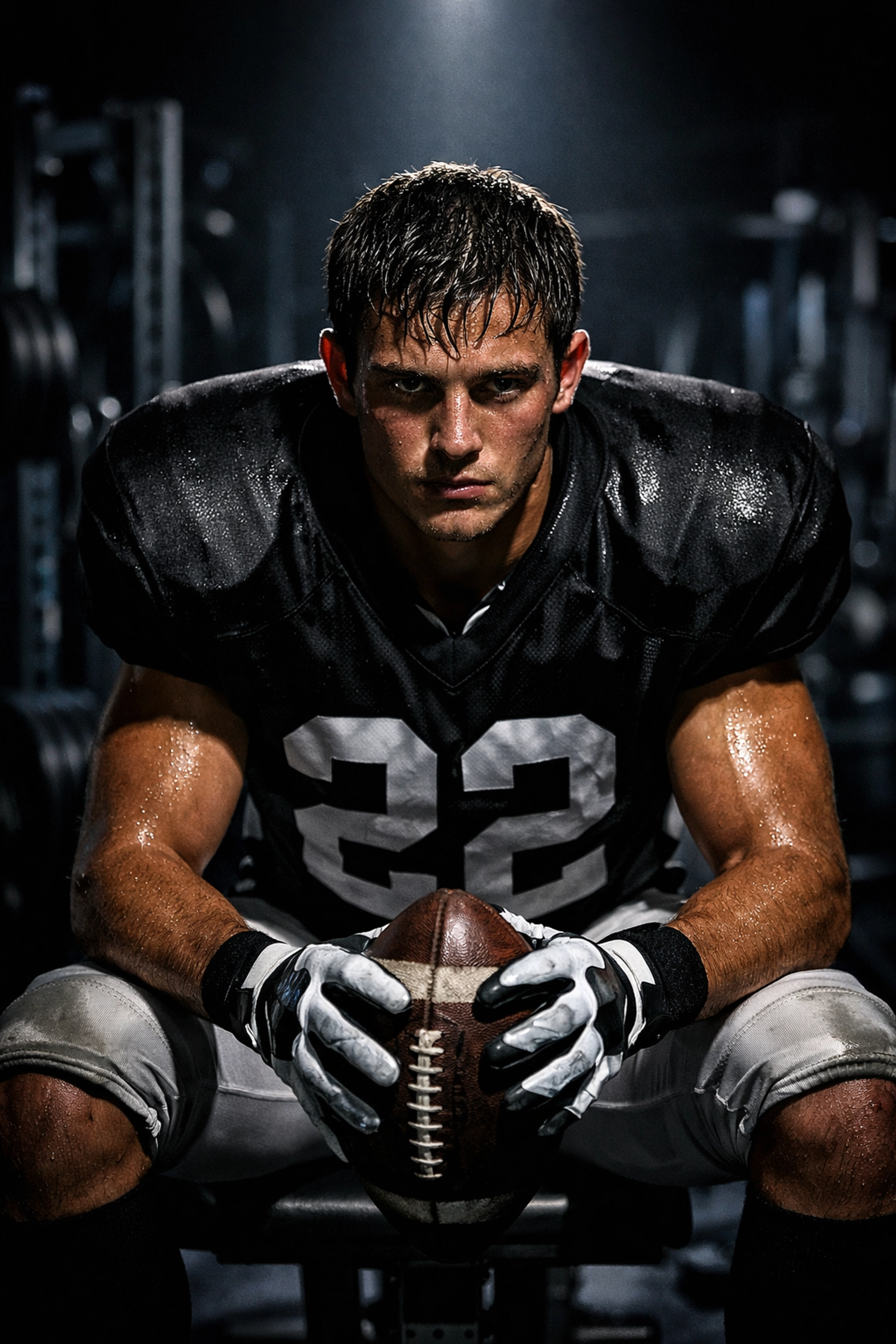 Determined football athlete focusing during mental training and preparation in a modern gym.