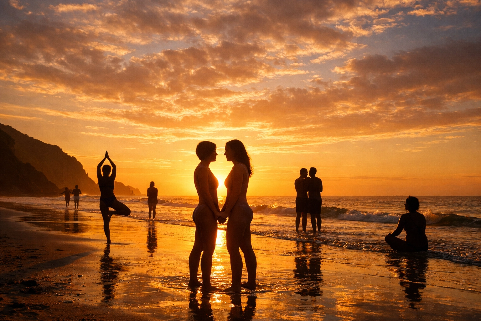 Queer couples enjoying golden hour on naturist beach silhouettes