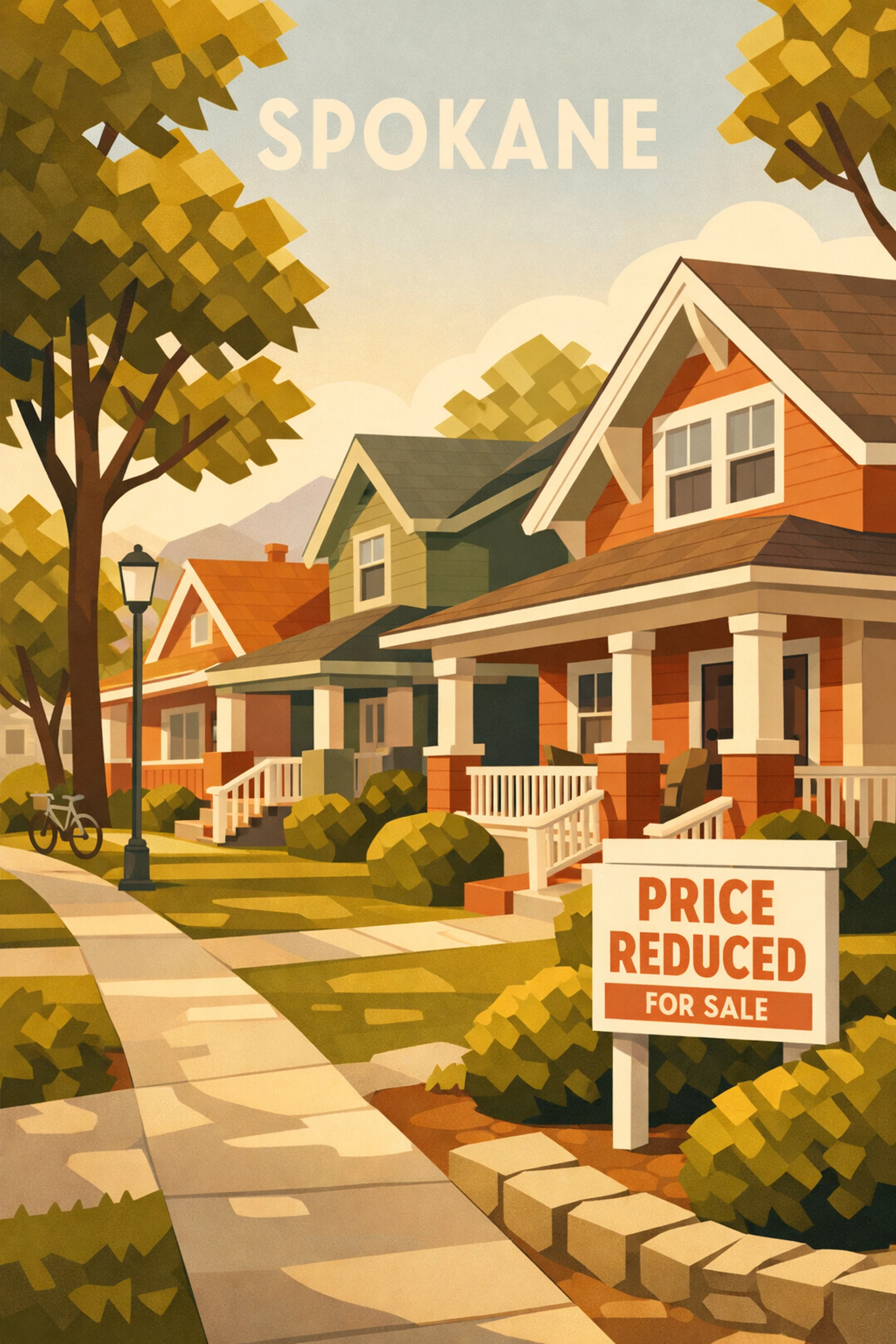 Spokane craftsman homes with price reduced signs in residential neighborhood